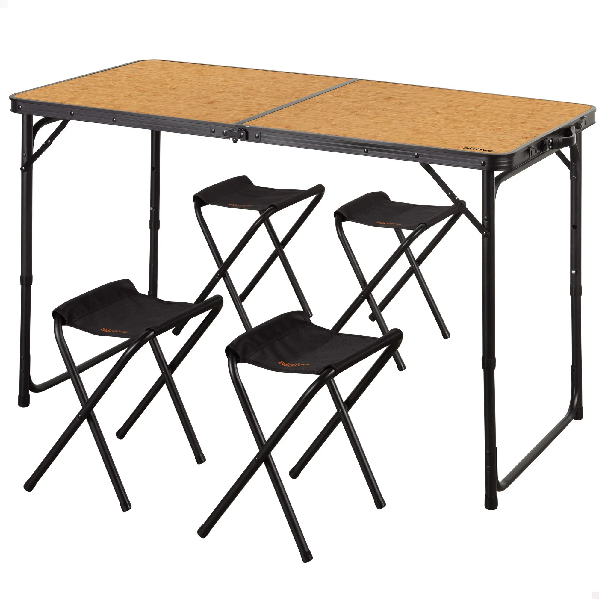 Aktive - Mesa plegable aluminio 120x60 cm acabado bambú, con 4 taburetes acero, regulable 60/70 cm, portátil con asa