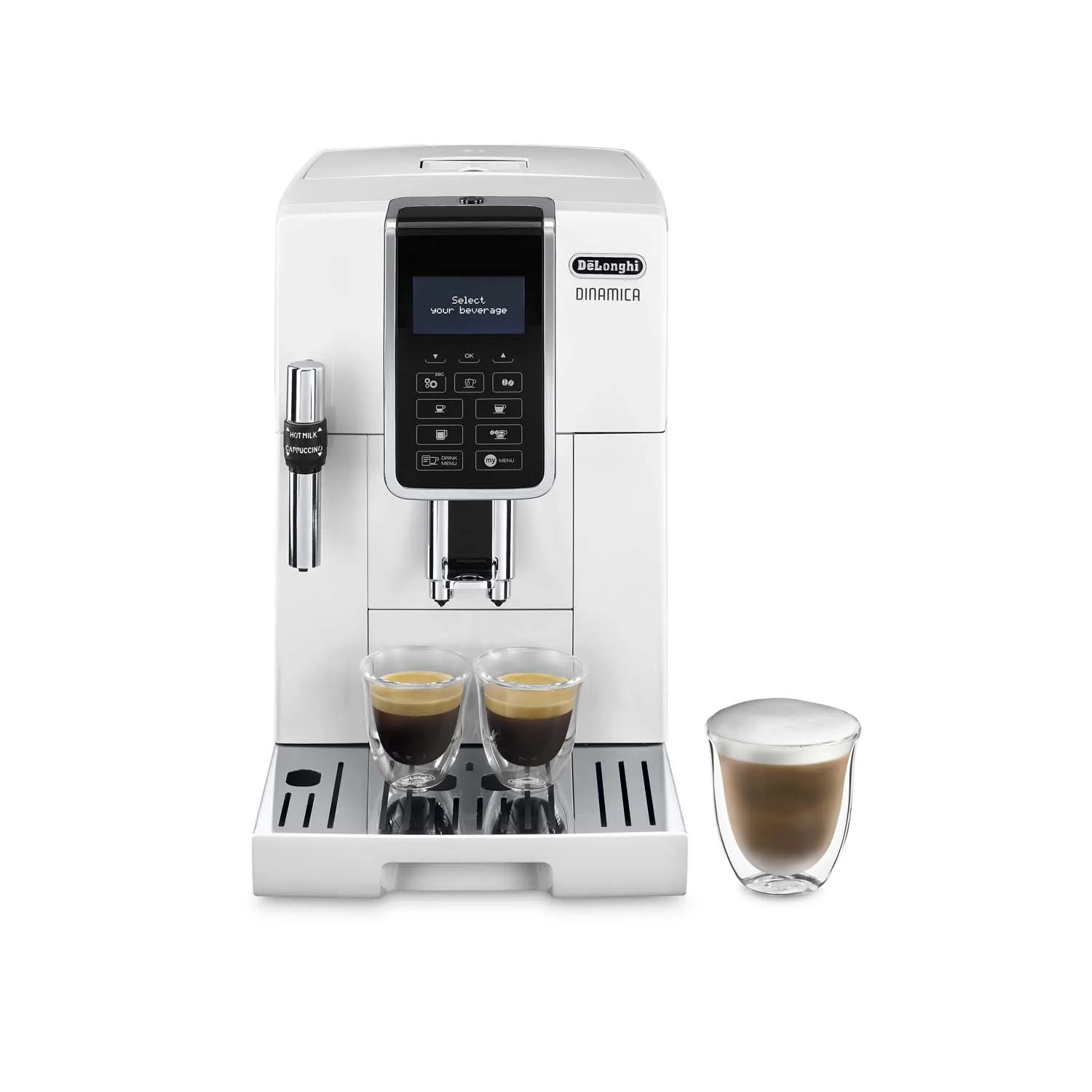 Dinamica White ECAM350.35.W - pantalla LCD y botones táctiles, Función MY, gran variedad de bebidas automáticas, Dispositivo Cappuccino ajustable
