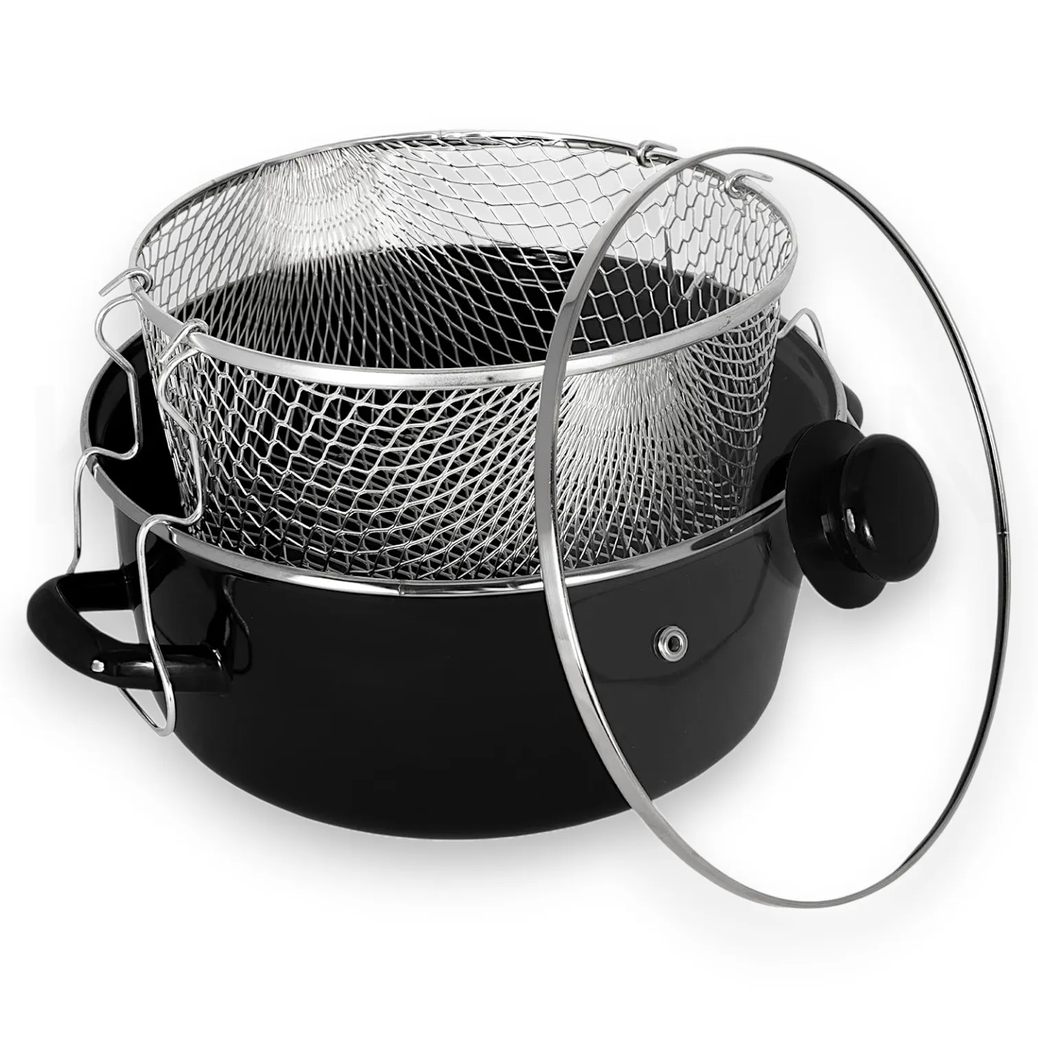 Olla Freidora Con Tapa Acero Inoxidable de 24cm, Color Negro - Kitchen&Go