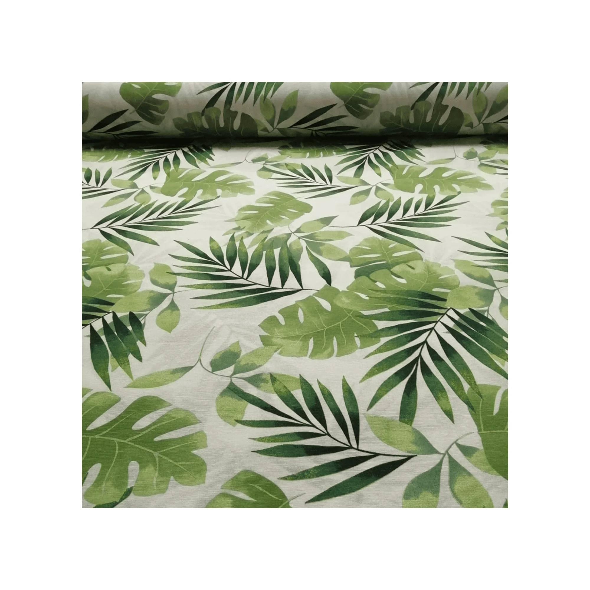 Tela Loneta Estampada TROPICAL VERDE. Ancho 2.80 metros. Largo a escoger de 0.50 a 0.50 metros en una sola pieza continua.