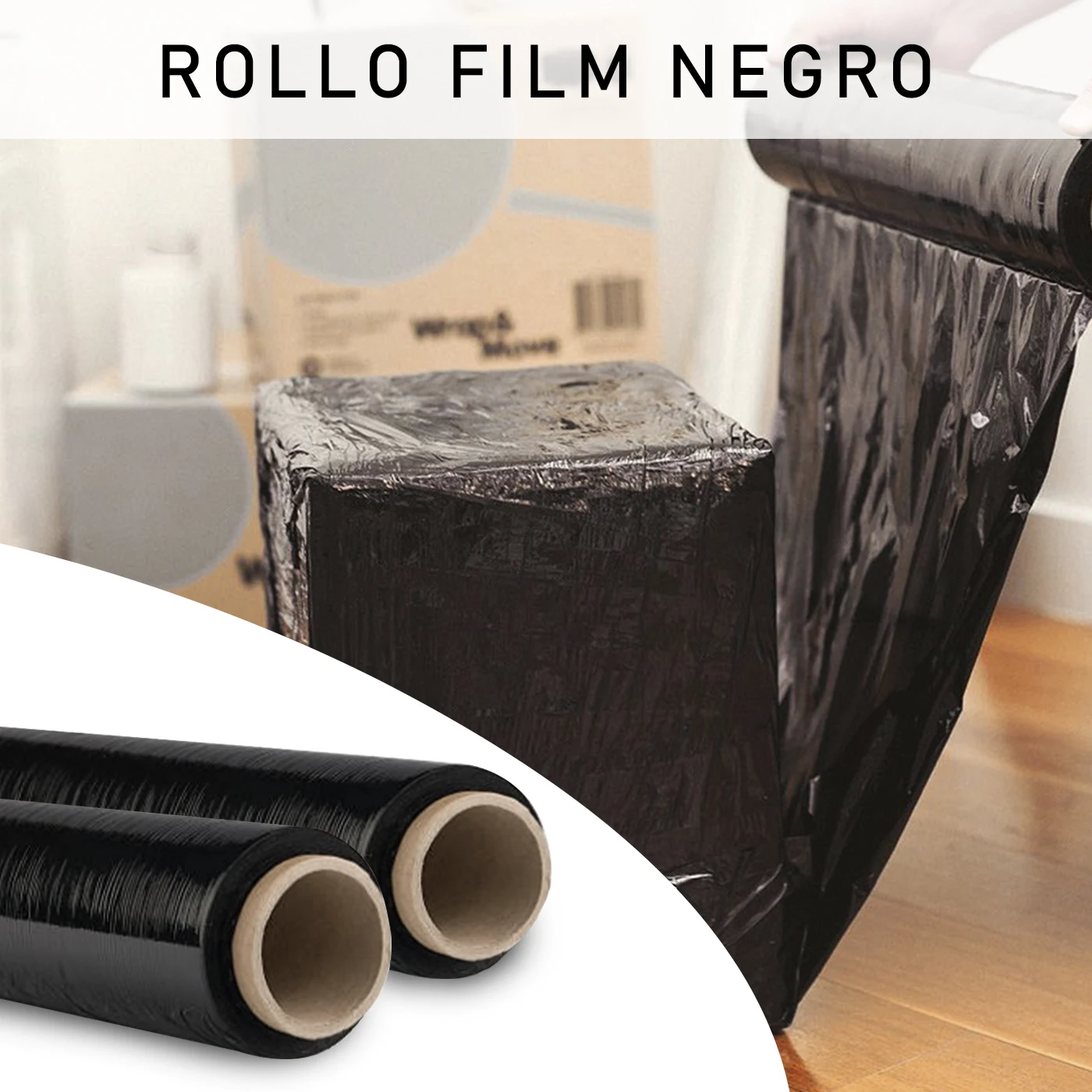 Transparent or black Film for packaging, Flexible and resistant 50cm x 200 meters, 23 microns thick. Industrial Packaging, shipments, moving, pallets.
