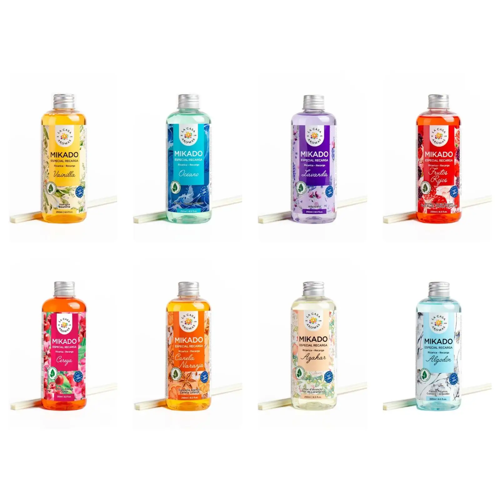 La Casa de los Aromas Mikado Reposicion  gran surtidos de olores botella 250ml con palitos de recambios Ambientador Fragancia  DURADERA  250ml Calidad garantizada Frutos rojos,Canela naranja,Lavanda,Azahar,Vainilla,Oceano,Cereza,Algodon,