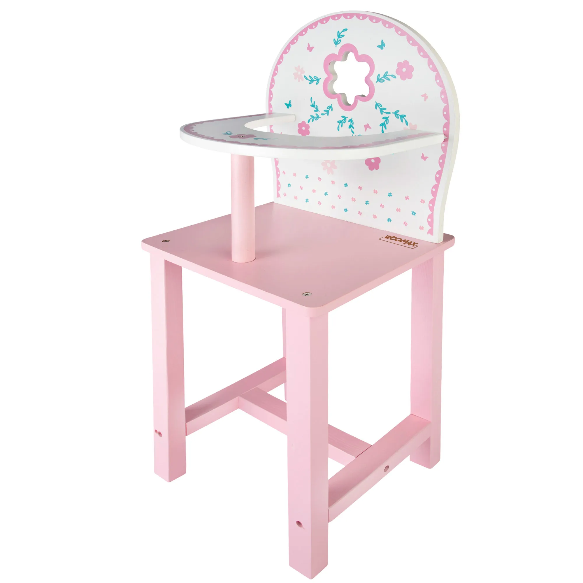 WOOMAX - Trona de juguete, de madera, 25x20x55 cm, rosa y blanca, ecológica, para muñecas 30-40 cm, muebles de juguete, +3 años