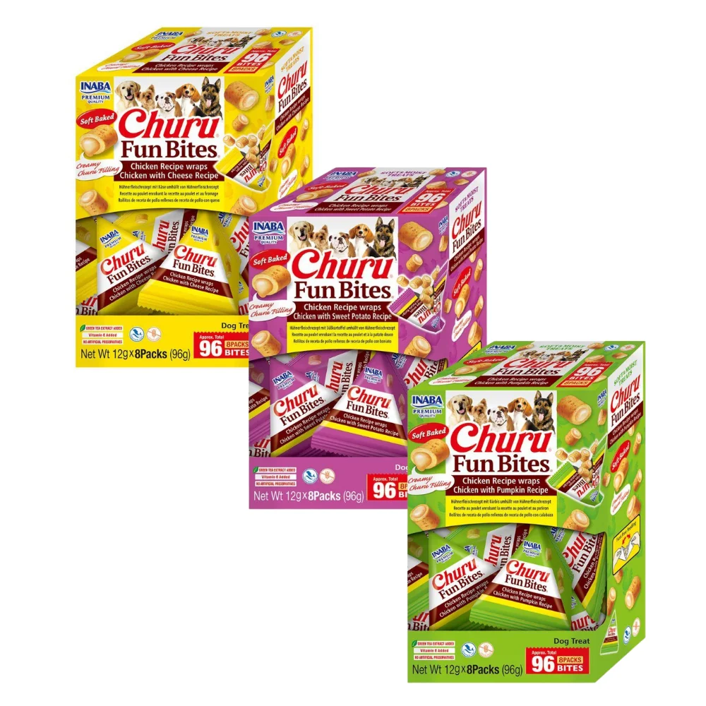 Pack Ahorro de 3 Churu Dog Fun Bites – Total 24 Snacks para Perro (3 Packs de 8x12g) | Horneados y Cremosos – Sabores: Pollo con Boniato, Pollo con Queso y Pollo con Calabaza – INABA CIAO