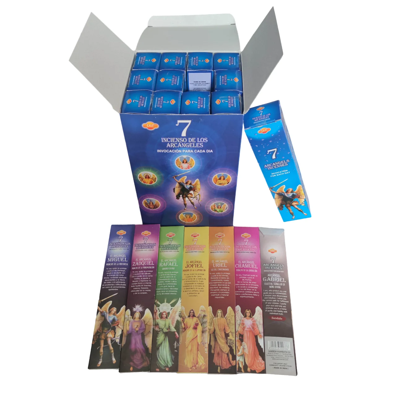 Incense of the 7 Archangels SAC - Complete box with 12 boxes, each containing 7 packets of 5 sticks (total 420 sticks) in unique aromas like Ruda and Sándalo for aromatherapy and home fragrance.