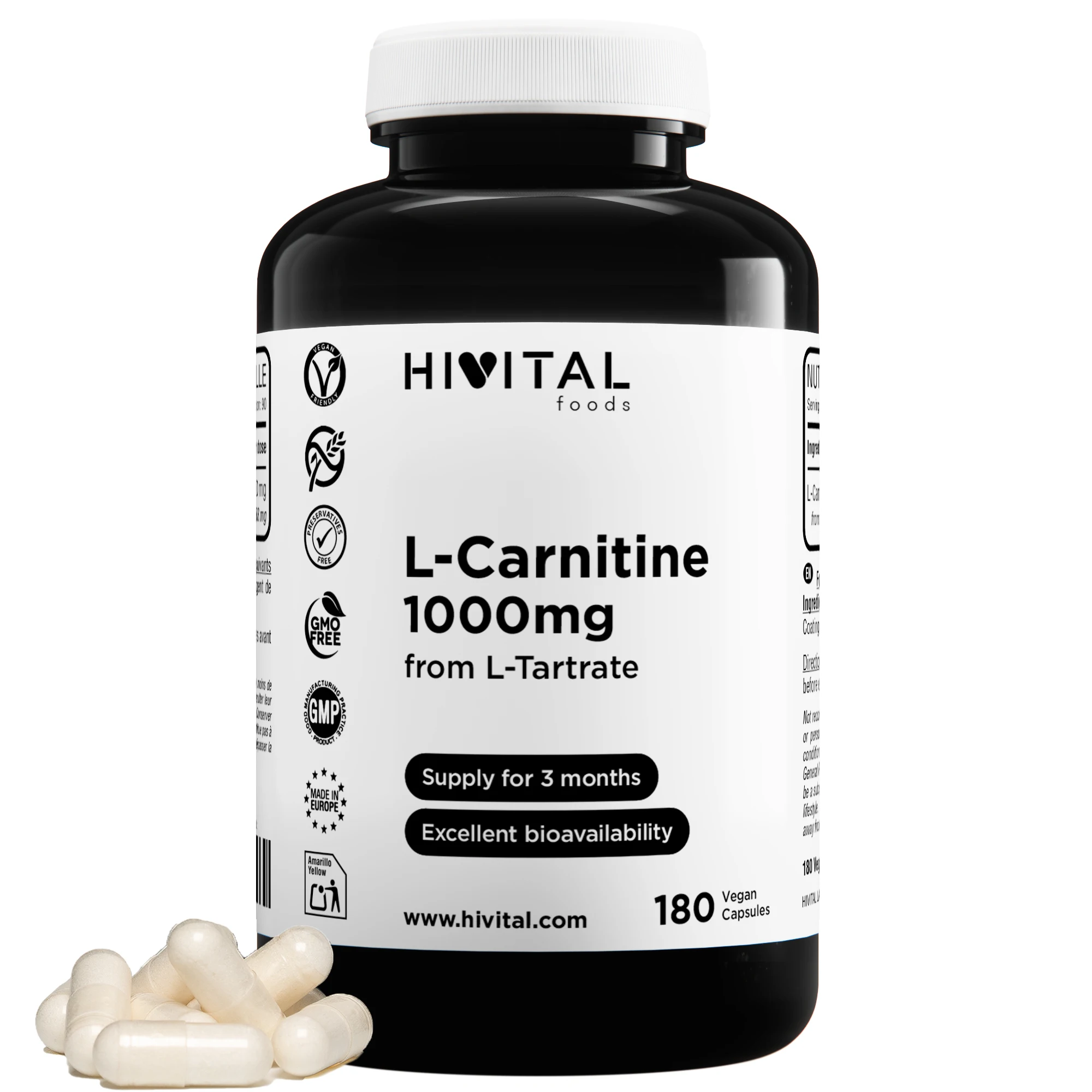 L-Carnitina 1000 mg | 180 cápsulas veganas. Hivital