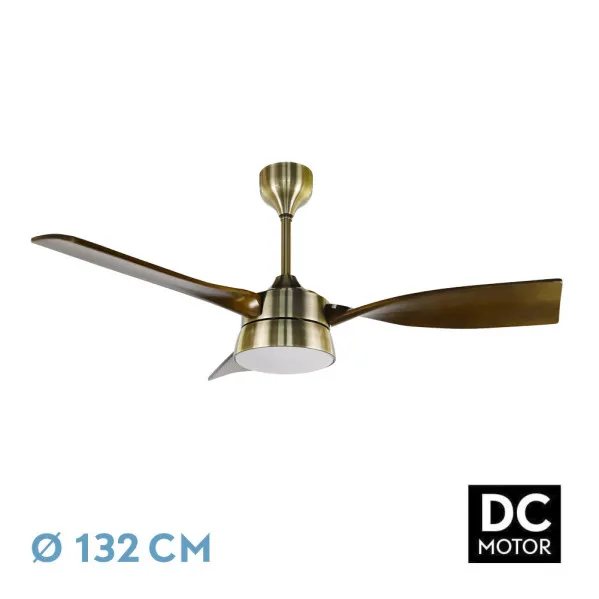 Abrila - Ventilador DC VERANO | Color Cuero con tres Aspas en Color Roble | 6 velocidades ajustables | 3 temperaturas de luz | con Temporizador y