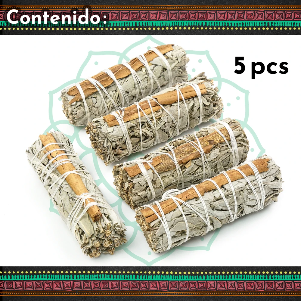 MUT22 Combo 5 White Sage with sacred cinnamon to burn: powerful fusion of purification and harmony, Natural 100% Apiana Sage for energy rituals and spiritual cleansing