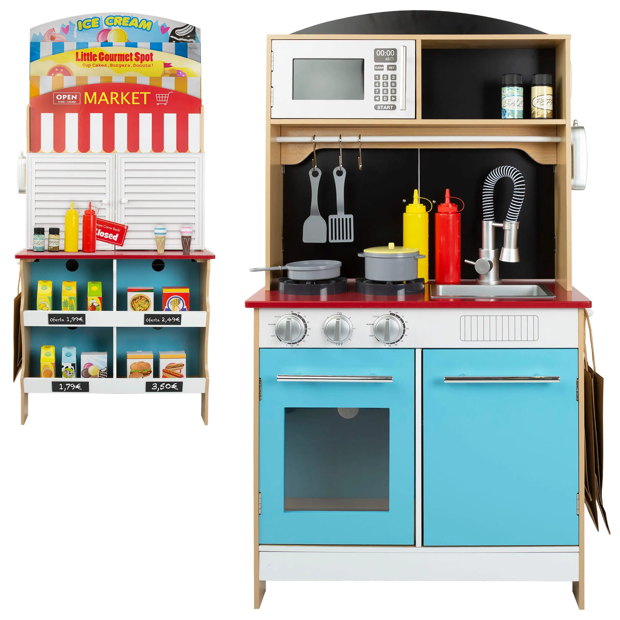 WOOMAX - Cocina de madera 4 en 1 con heladerĂa y supermercado, juguete interactivo con luz y sonido, 60x40x109 cm, 31 piezas y accesorios para cocinar