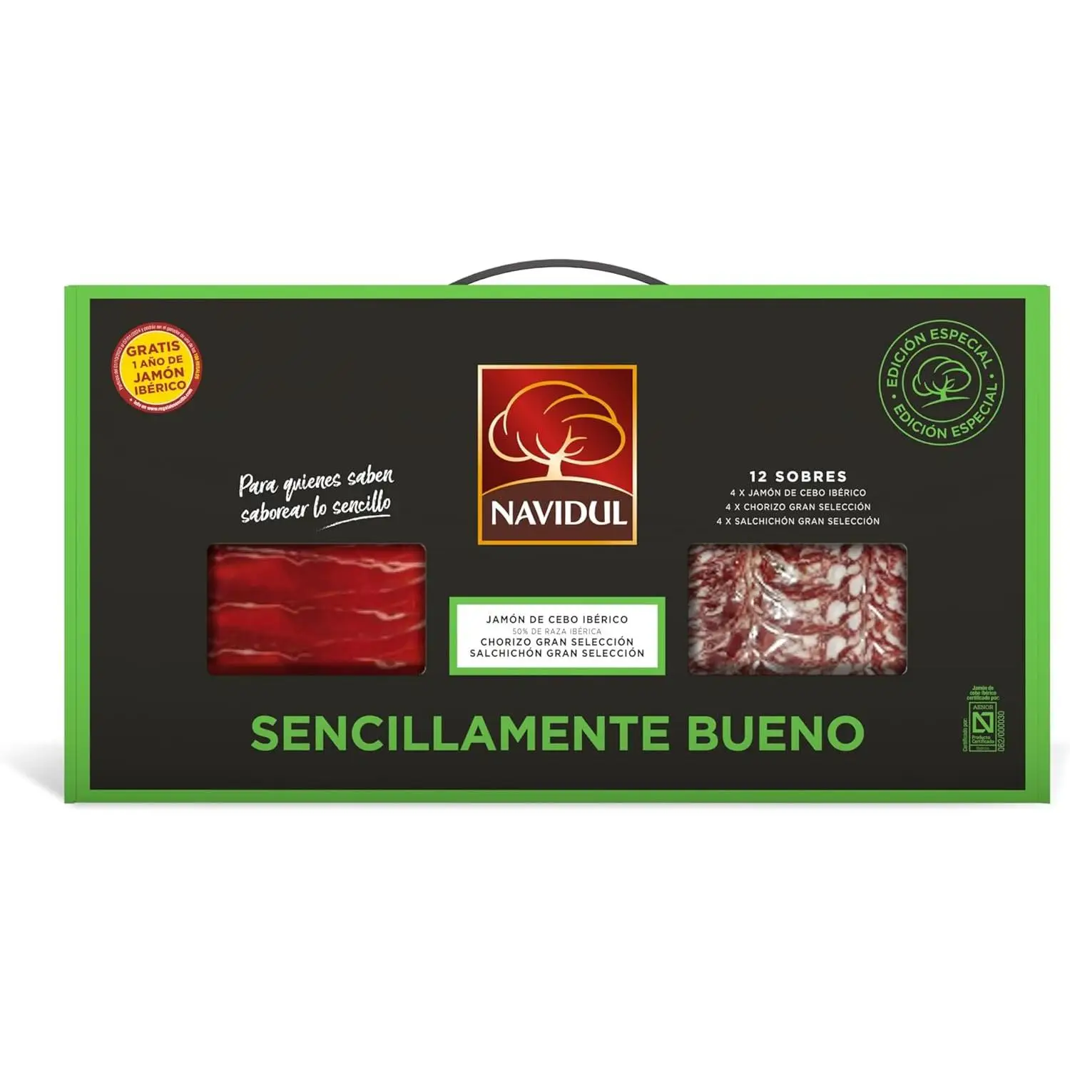 Navidul Maletín de Jamón de Cebo Ibérico 4x75g, Chorizo Gran selección 4x75g y Salchichón Gran selección, Freshpack envasado al vacío - 4x75g Total 900 gr