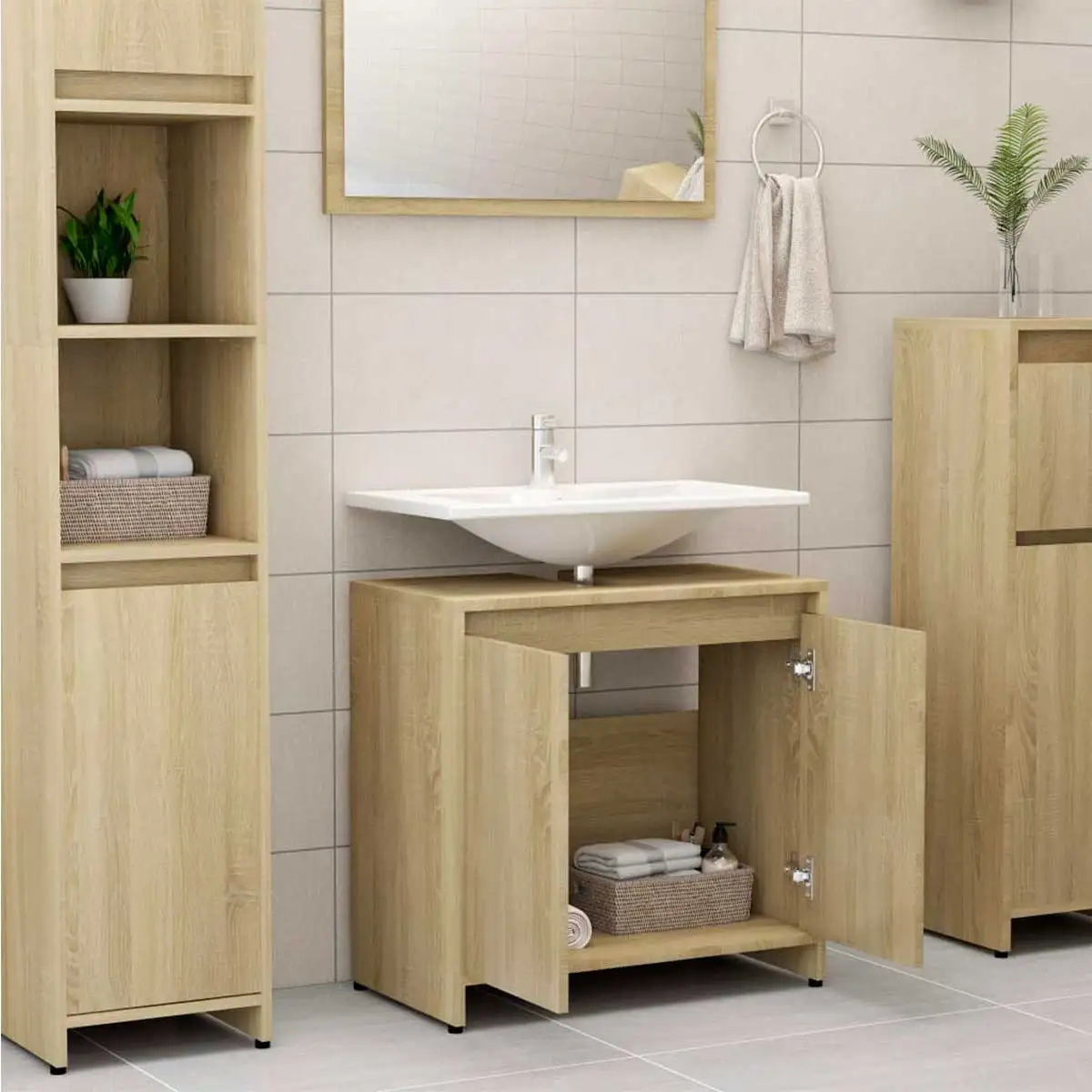 San Vicente bathroom cabinet, made of plywood with a modern design, featuring 2 doors, elevated feet for moisture protection, and non-slip pads, perfect for bathroom storage. Ideal durable furniture for efficient organization. #4