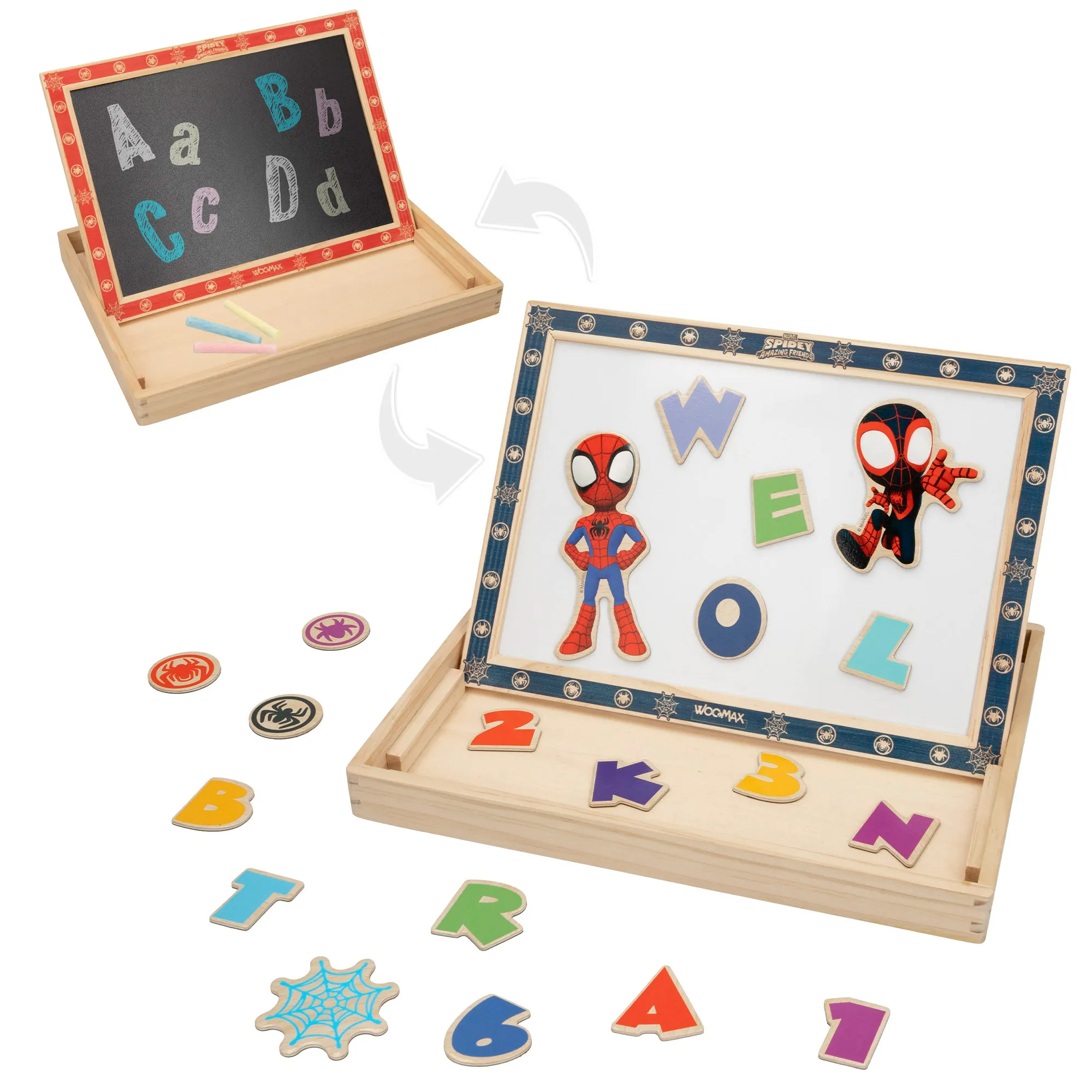 WOOMAX Spidey y su superequipo - Pizarra magnética infantil 2 en 1, juguetes para niños, de tiza y de rotulador, blanca, regalos para niños y niñas, 48 piezas, mayores de 4 años