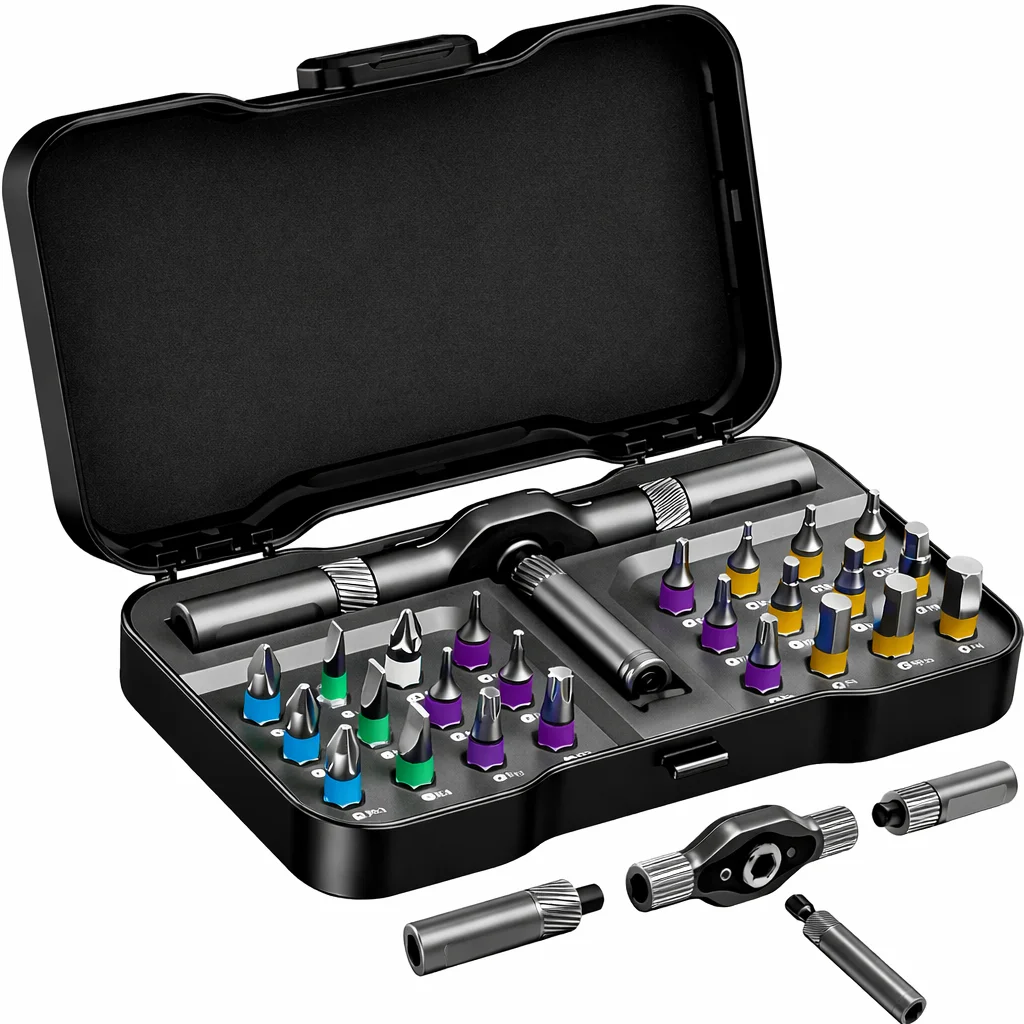24 en 1 Destornillador de Carraca Magnético de Precisión – Juego Compacto con Mango de Aluminio para Reparación y Bricolaje