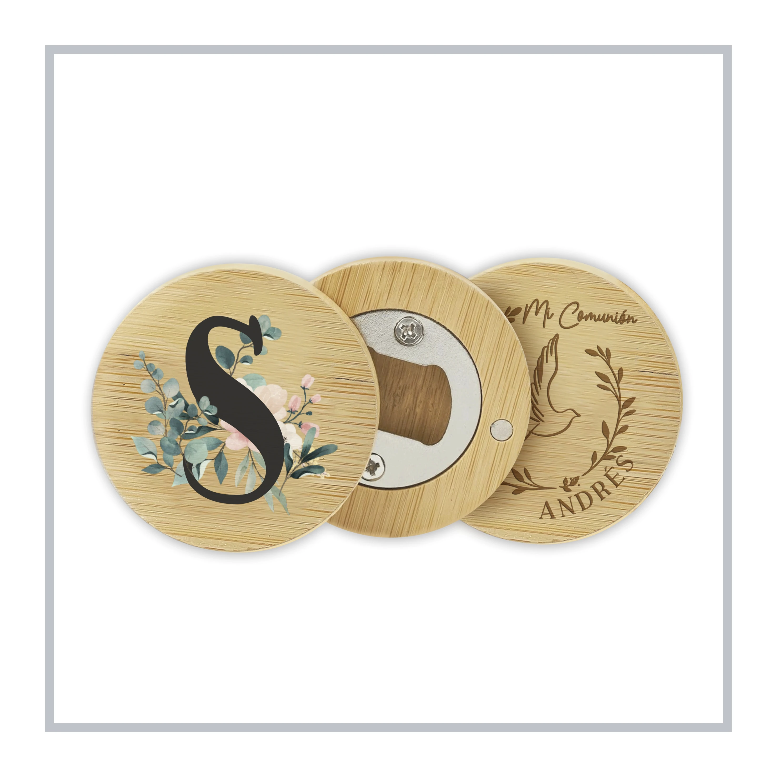 Regalos Vip.es - Pack Abridor Bambú Imán, perfecto para regalar de forma única y original en bodas, comuniones, bautizos, para el día del padre, personalizado, etiqueta, pegatina, sacacorchos