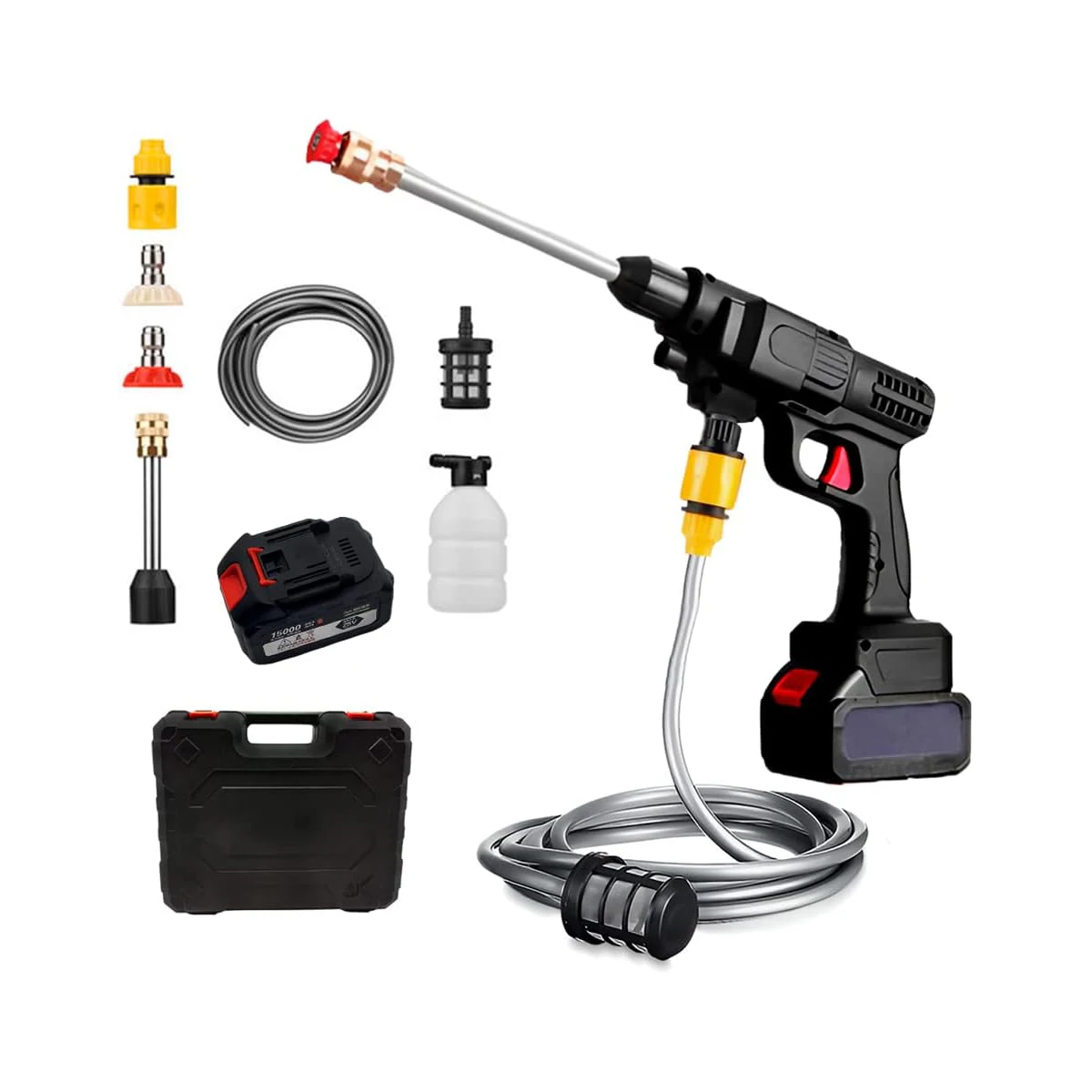 Pistola de Alta Presión Portátil y Sin Cable con Batería 15000 mAh de Autonomía 45 min, Set de Pistola Lavadora Inalámbrica Bateria Reemplazables 48V MAX 430 PSI, Sin Cables, Recargable con Accesorios