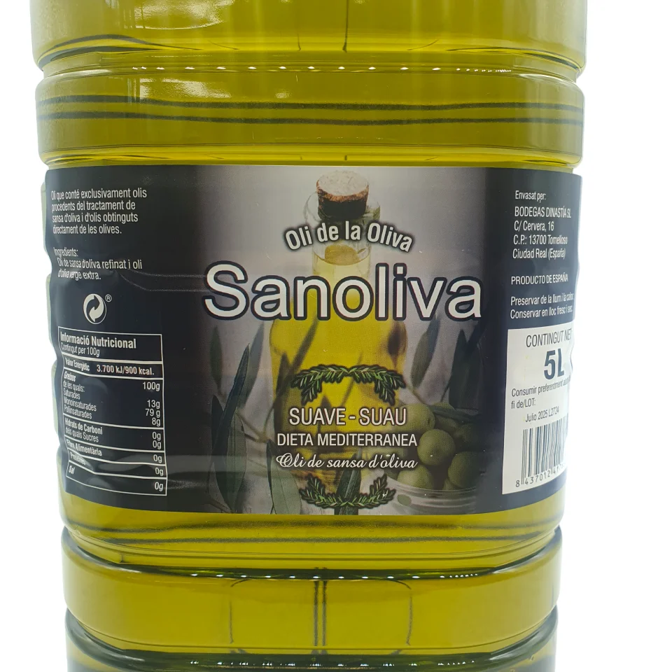 Aceite de Oliva Suave - SANOLIVA - 5 Litros - Aceite Dieta Mediterranea - Origen ESPAÑA - Aceite de Oliva Sansa / Orujo - Garrafa PET de Aceite