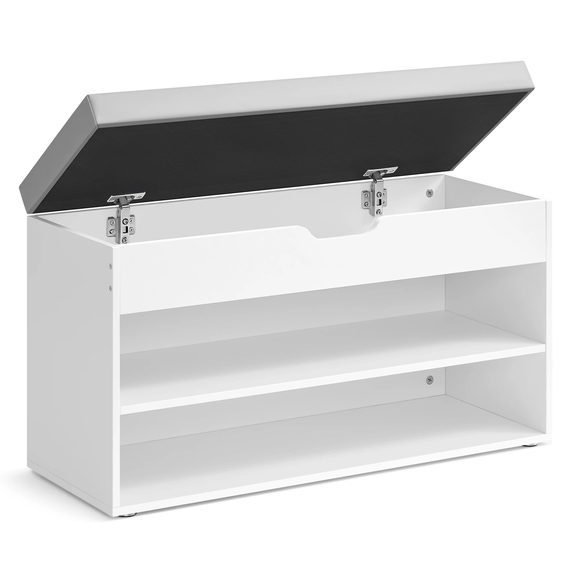 VASAGLE Banco Zapatero, Mueble Zapatero con Asiento Tapizado, Banco Recibidor con 3 Compartimentos y Asiento Acolchado, 30 x 80 x 44 cm, para Entrada, Dormitorio, Blanco Nube y Gris Paloma