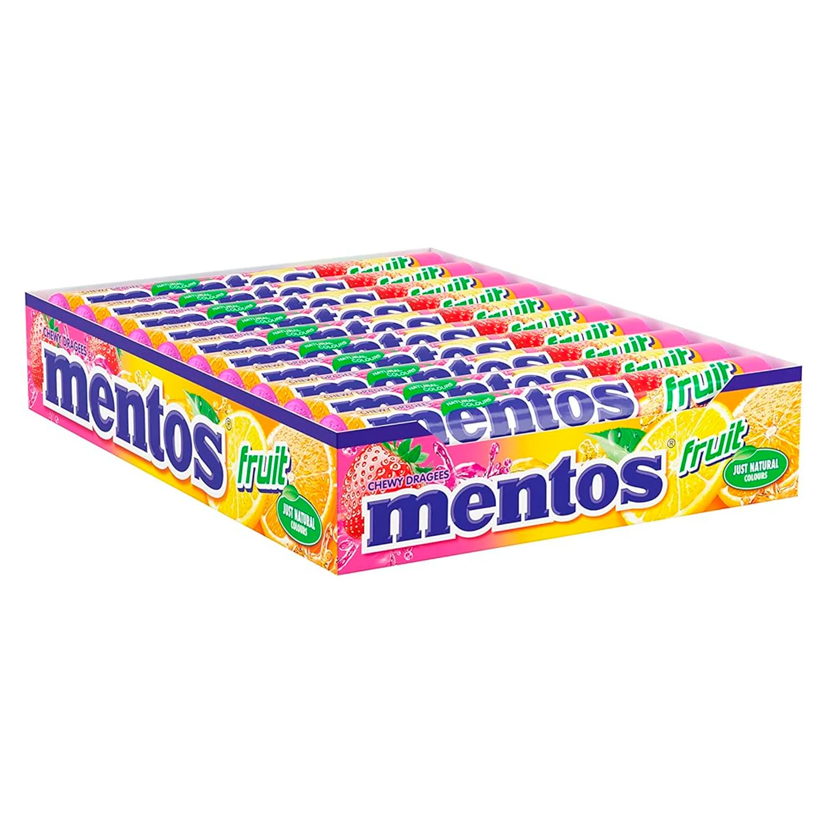Mentos frutas, Caramelo Masticable 20 unidades de 38 gr, caramelos masticables de una crujiente capa exterior y un interior blando (1, Frutas Variadas)