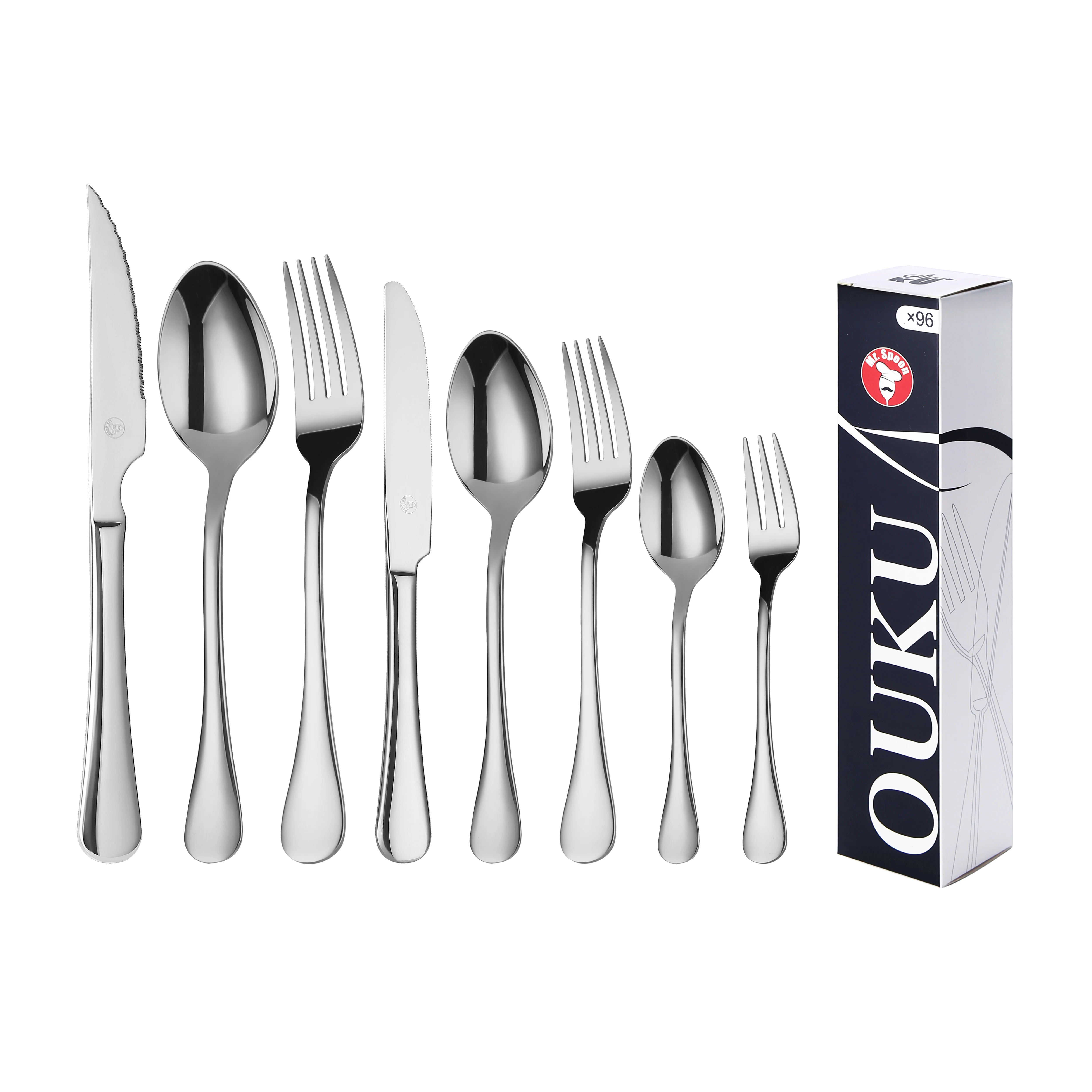 Mr.Spoon Serie Liso Juego 96,108 o120 piezas cubiertos,Acero Inoxidable 18/0,Plateado,Económico y funcional,Incluye cuchillo carne o mesa,tenedor,cuchara,cucharilla,etc. Mango monobloque,Apto para