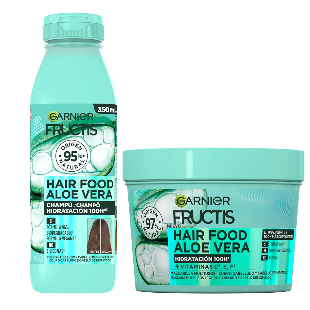 GARNIER Fructis Hair Food Sets de Aloe Vera Champú, Acondicionador o Mascarilla 3 en 1. Hidratante para Cabello Deshidratado