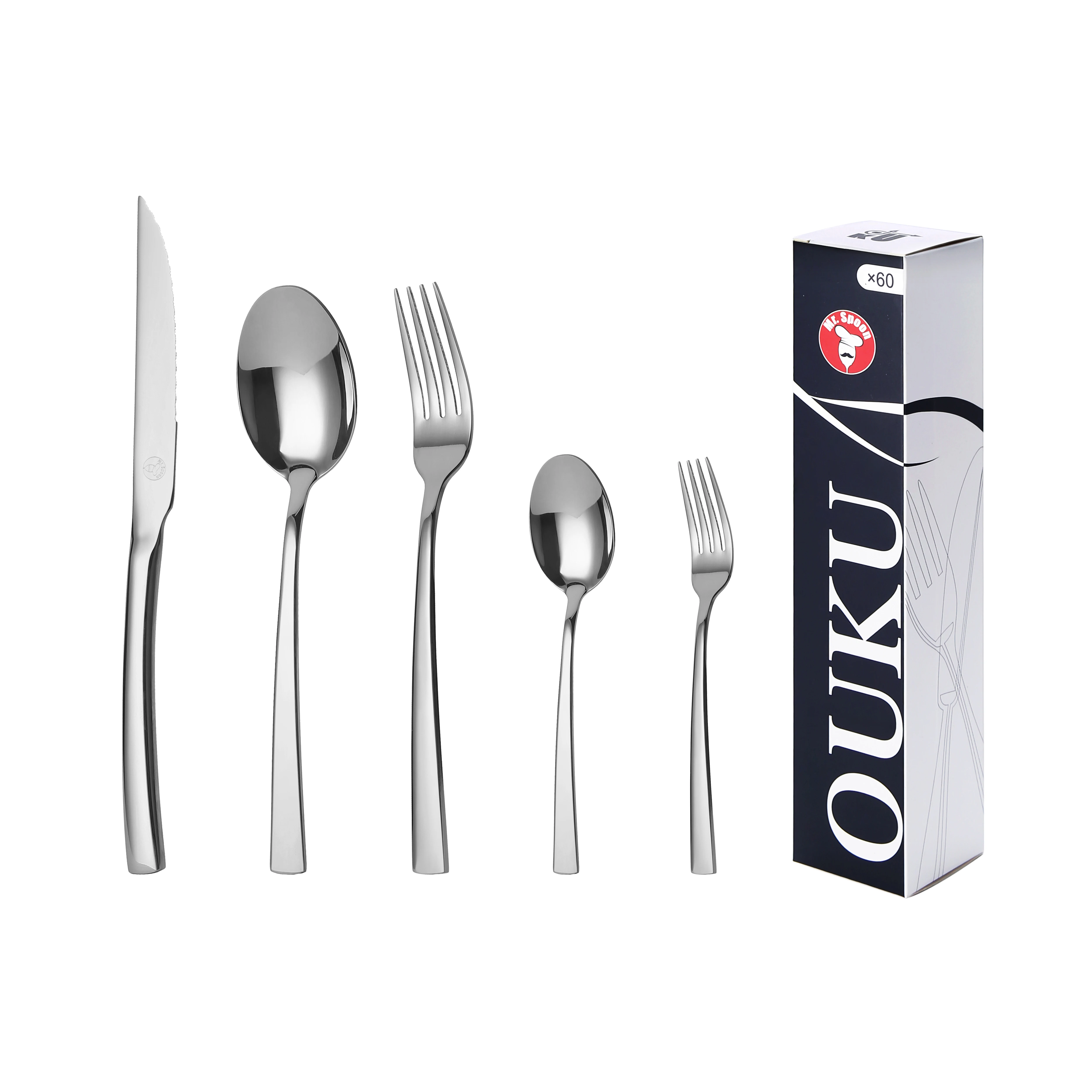 Mr.Spoon Serie Montaña Juego de 60 o 72 piezas cubiertos,Acero Inox 18/0, Plateado,Económico y funcional,Incluye cuchillo de carne o mesa,tenedor,cuchara,cucharilla,etc. Mango monobloque,Apto para