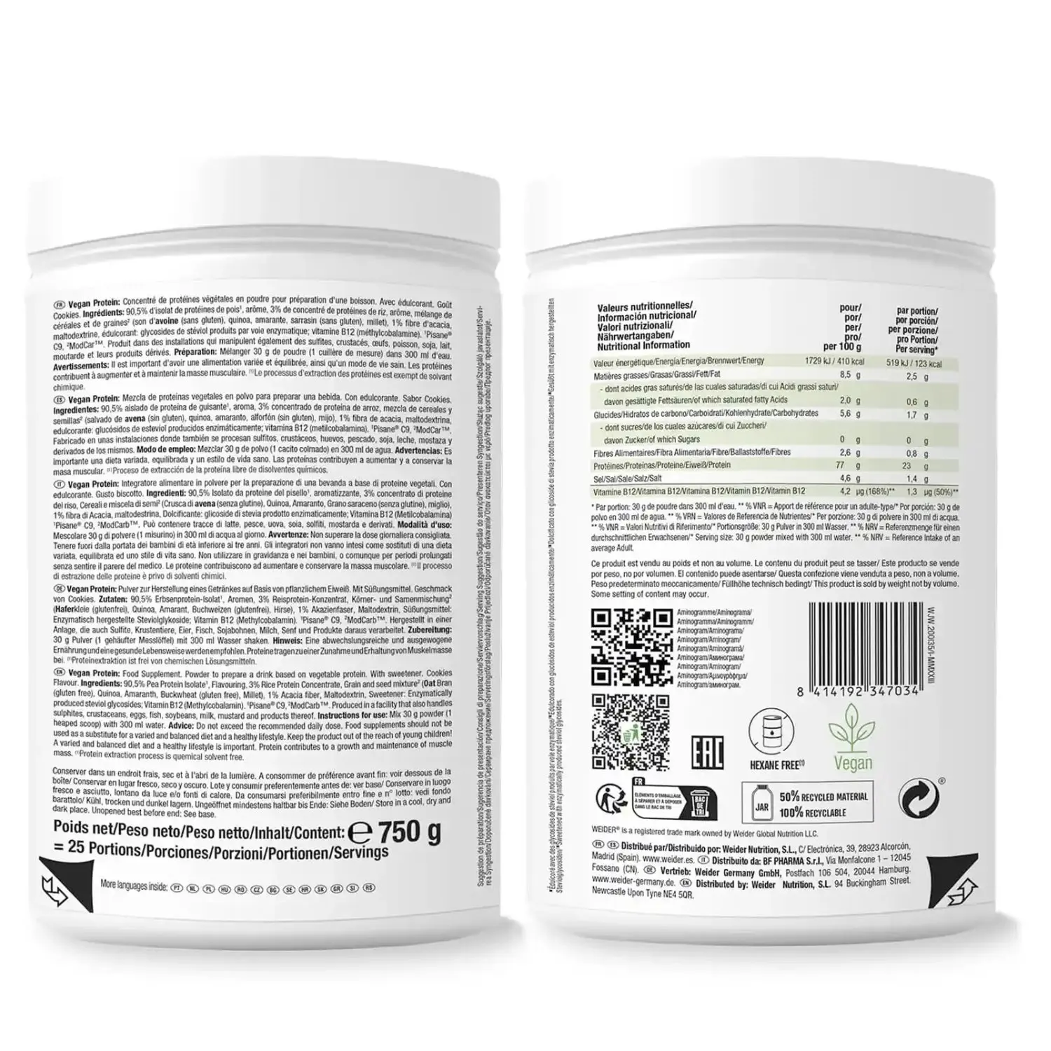Weider vegan - vegan protein - 750 gr - 23g/dose insulated peas (pisane) and rice. With vitamin b12 and stevia. No gluten, no sugar. Bottle 50% recycled, 100% recyclable