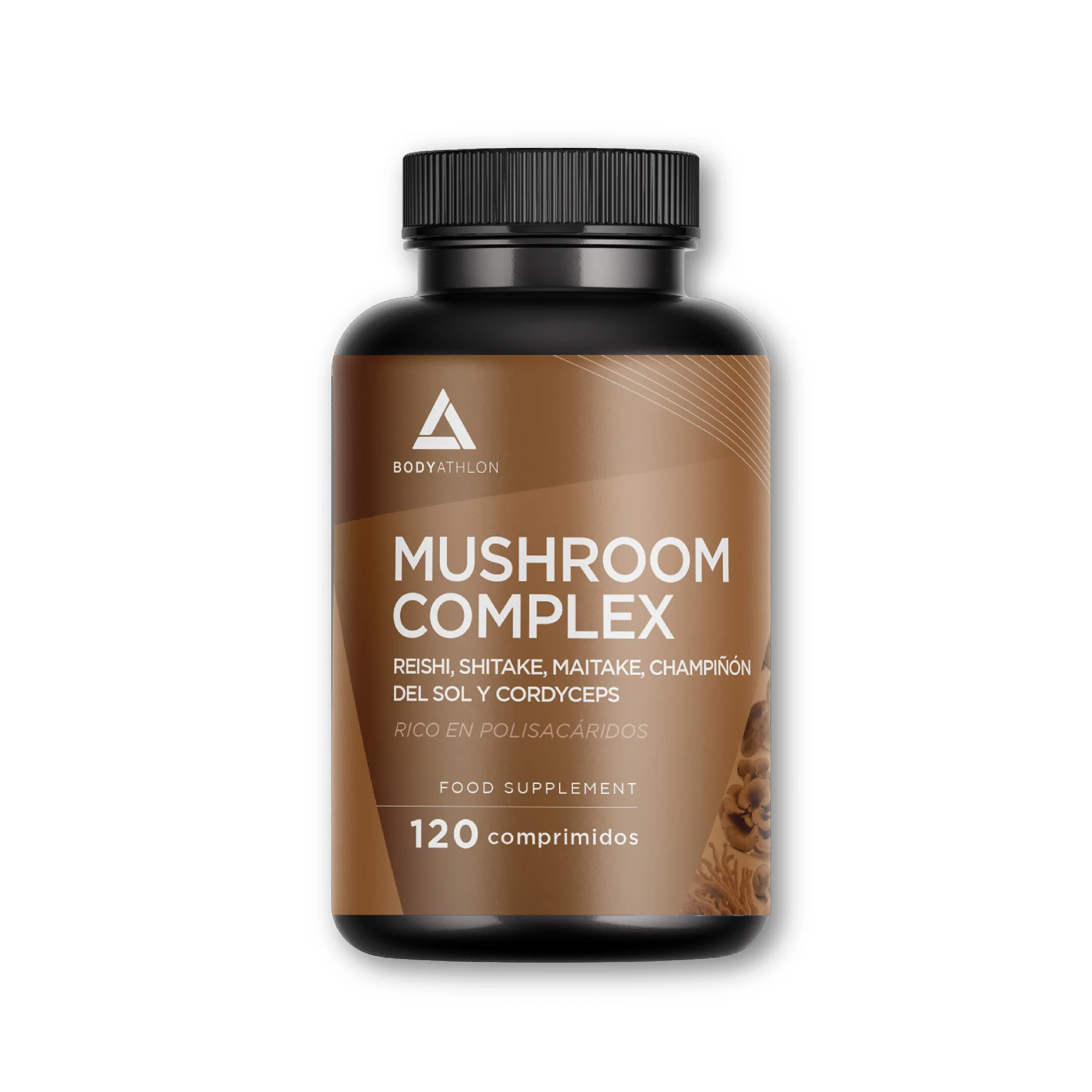 Mushroom Complex 120 comprimidos- Reishi shitake y maitake+ Champiñon del Sol+ Cordyceps| Hongos adaptógenos- Estrés, memoria y concentración- Complejo Super Hongos con Polisacaridos- Bodyathlon