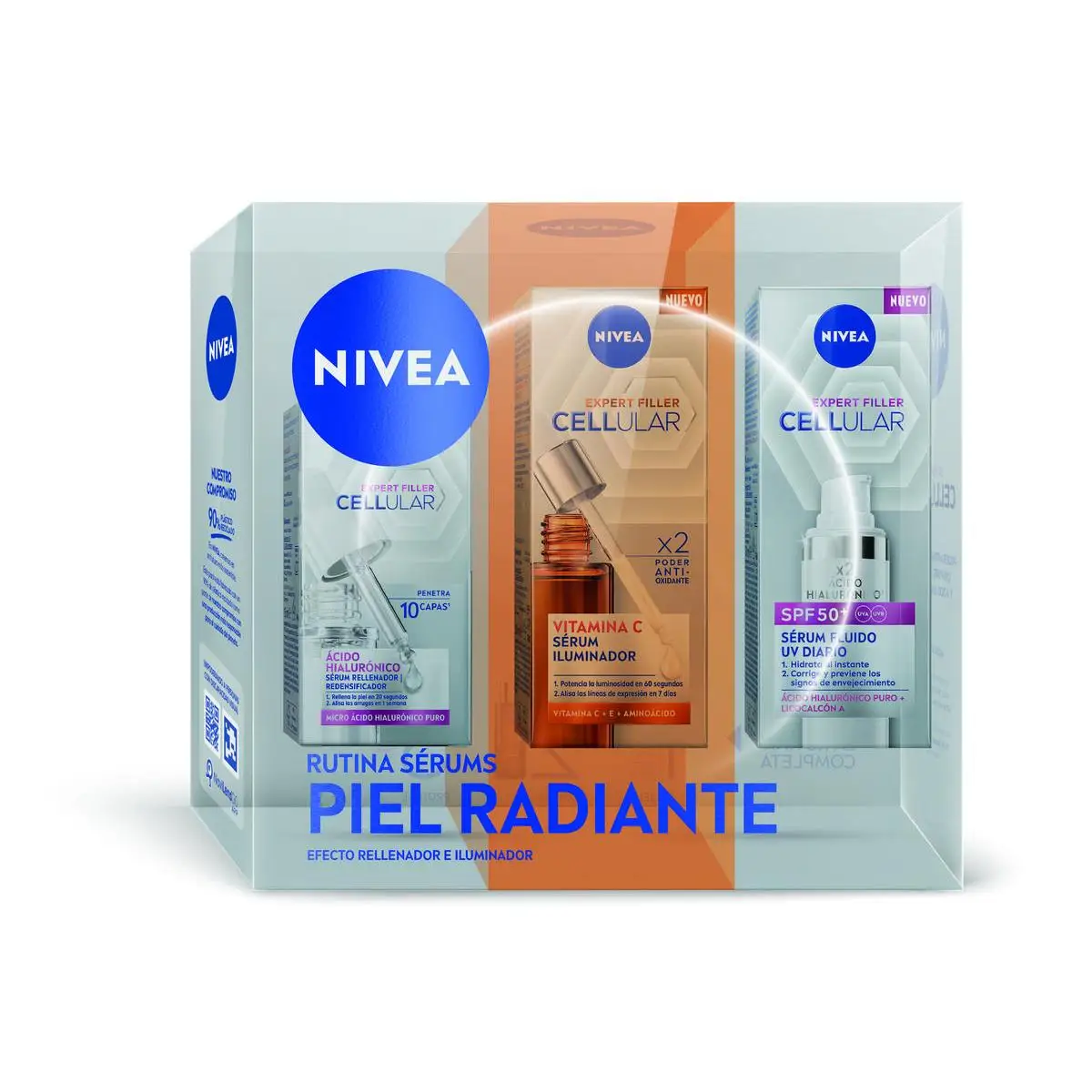 Pack NIVEA Cellular: Sérums Ácido Hialurónico y Vitamina C + Fluido Diario FP50 🌞
