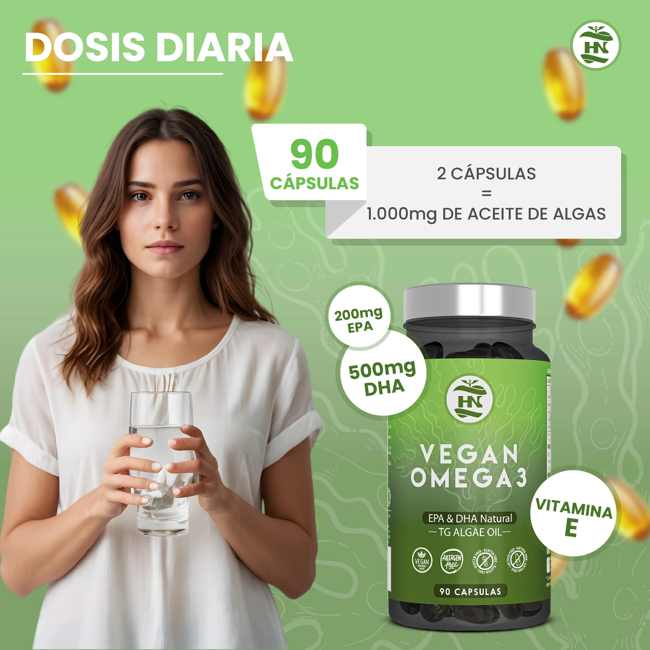 Hn - healthy nutrition omega 3 vegan algae (90 caps, 45 days) omega 3 algae oil balanced with dha and epa, omega 3 seaweed with vitamin e, ideal for brain and heart, supplement for vegans-vegetarian #6