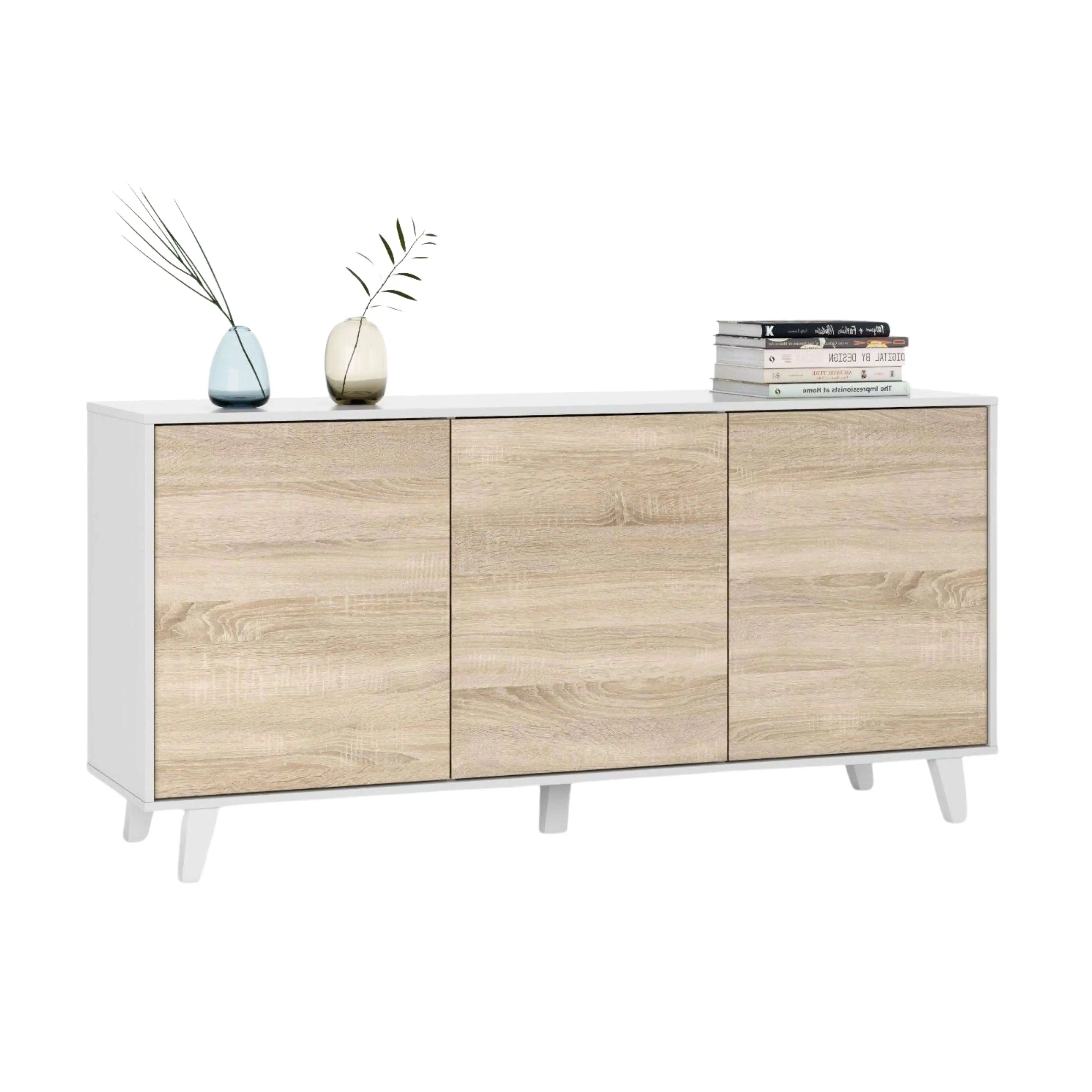 Miroytengo Aparador buffet salón comedor con tres puertas Zaiken blanco y roble 154x75x41 cm