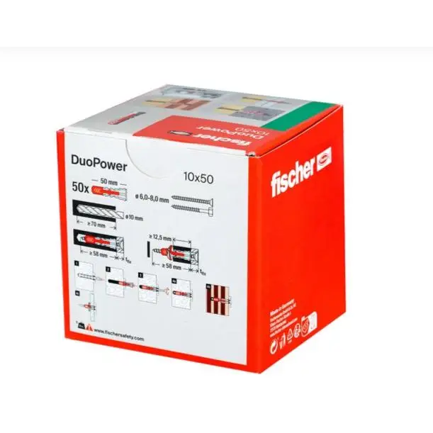 Taco Fischer Duopower 10x50 Profesional Caja de 50 Unidades - Taco universal inteligente para fijación en materiales de construcción - Alta calidad y adaptabilidad