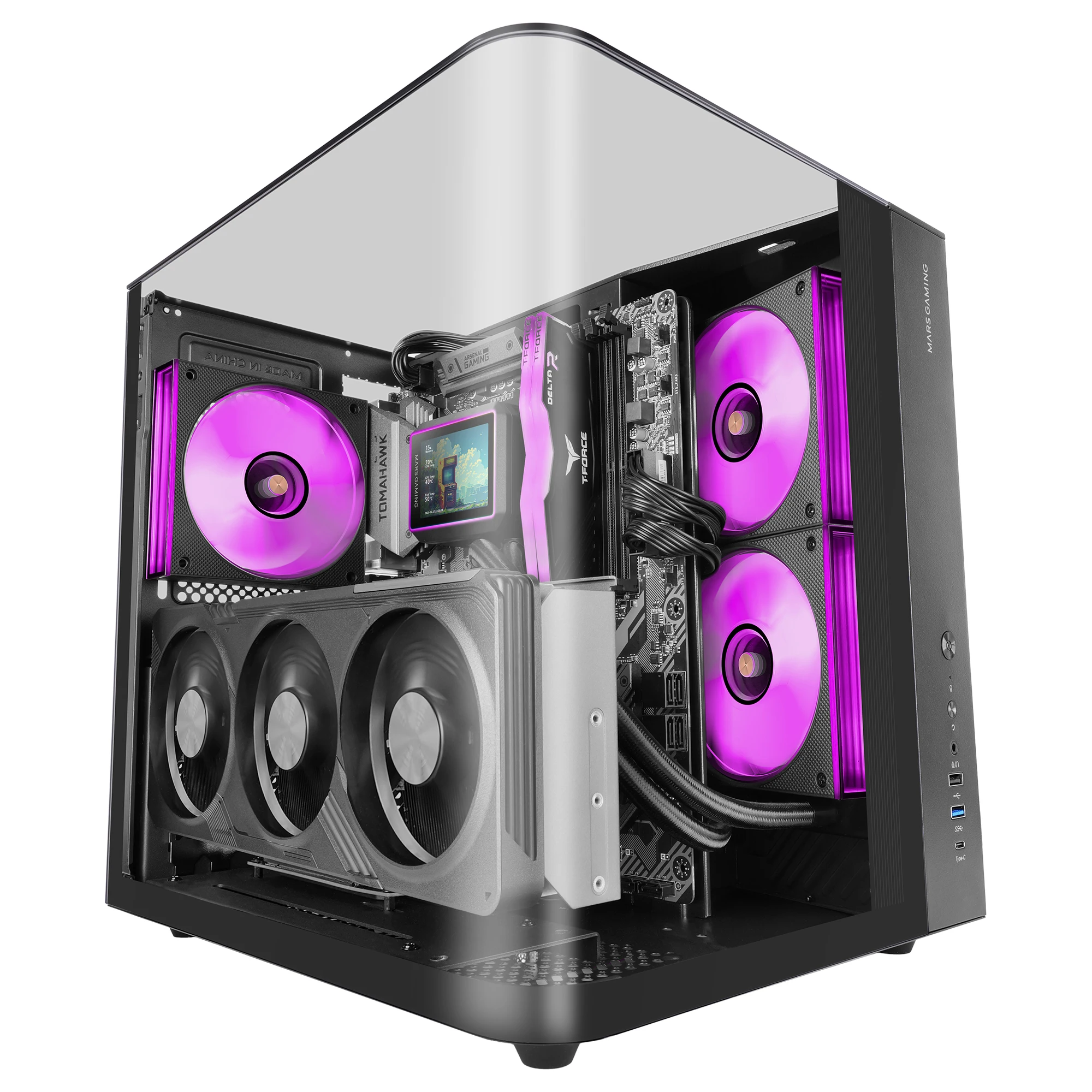 Mars Gaming MC-INFINIOLITE, Caja Gaming ATX, Cristal Templado Curvado Continuo Sin Marco, Panel Superior de Cristal, Estructura Doble Cámara, Soporte Refrigeración Líquida hasta 240mm, Negro o Blanco