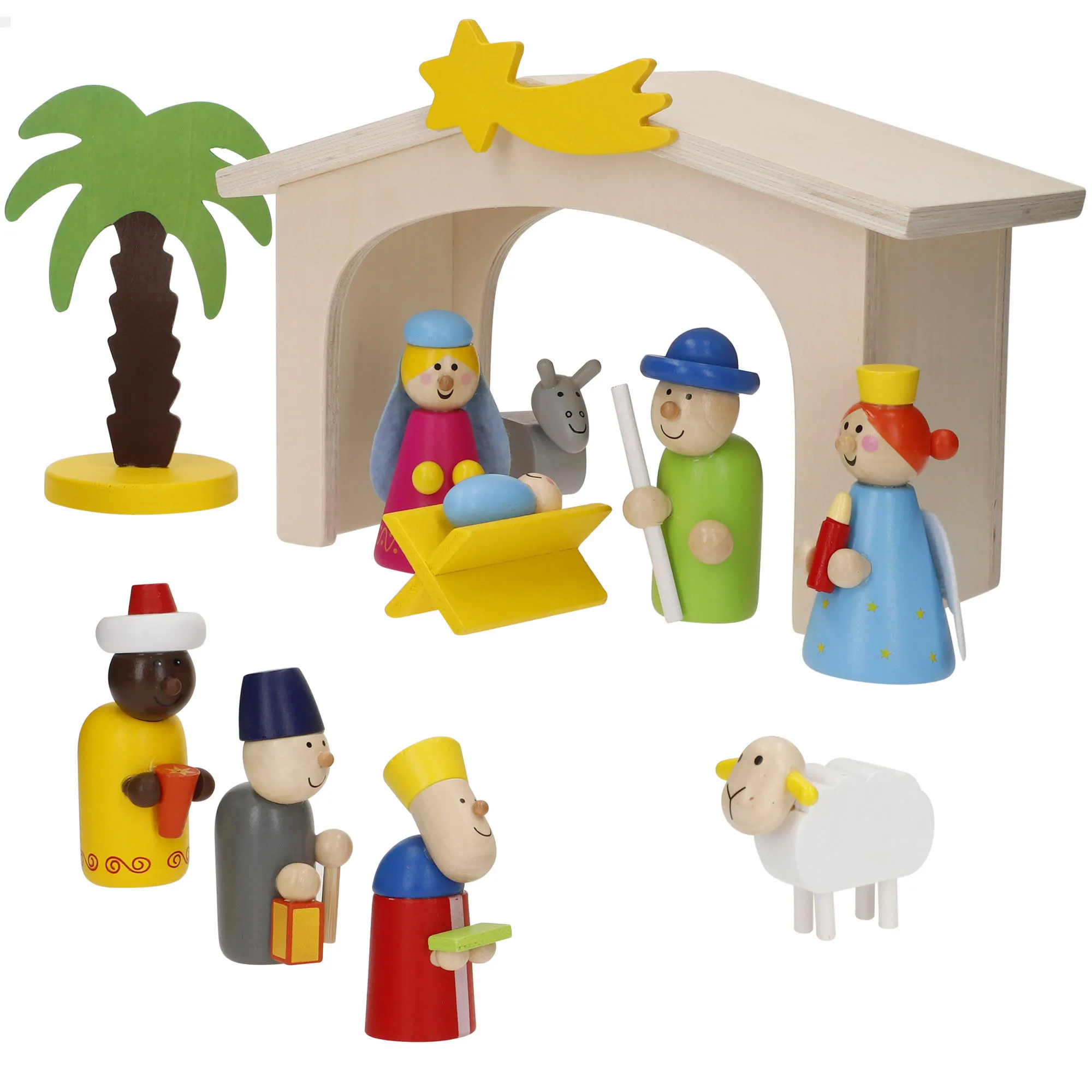 WOOMAX - Belén de madera para niños, 11 figuras, pesebre infantil Navidad, Portal de Belén fácil de montar y desmontar, Reyes Magos, juguete para niños +3 años, decoración navideña