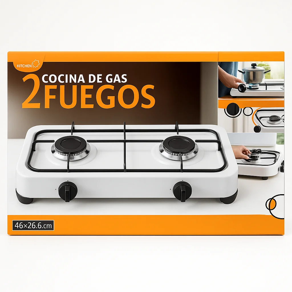 Cocina de Gas Kitchen Plus   Portátil de 2 Fuegos  – Compacta, Potente y Fácil de Usar