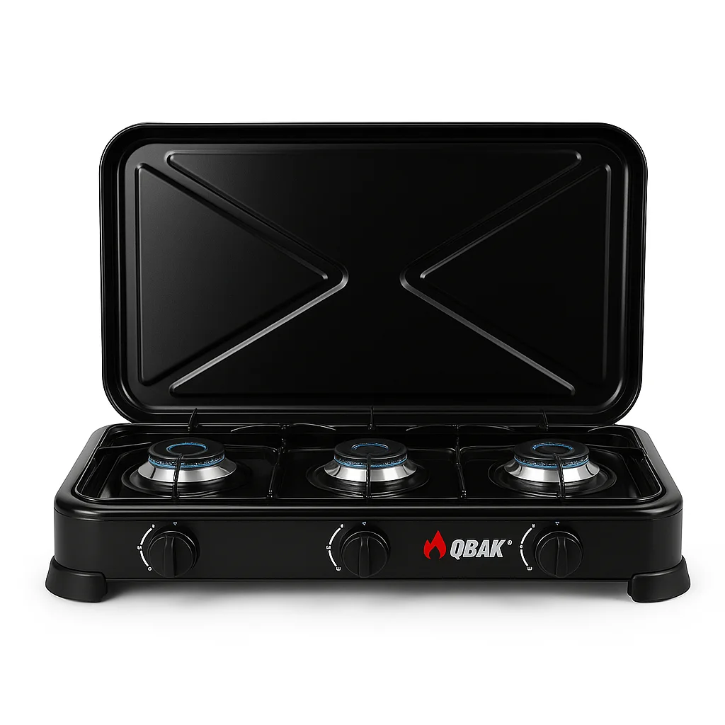 Cocina portátil QBAK de gas LPG con 3 fuegos — ideal para camping y uso exterior