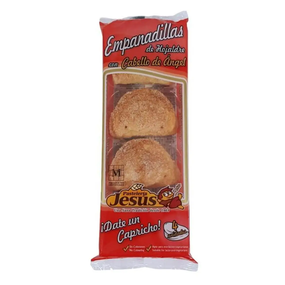 Pastelería Jesús - Empanadillas rellenas de cabello de ángel - Formatos: 5 paquetes con 4 ud/ Granel envueltas 2,1kg
