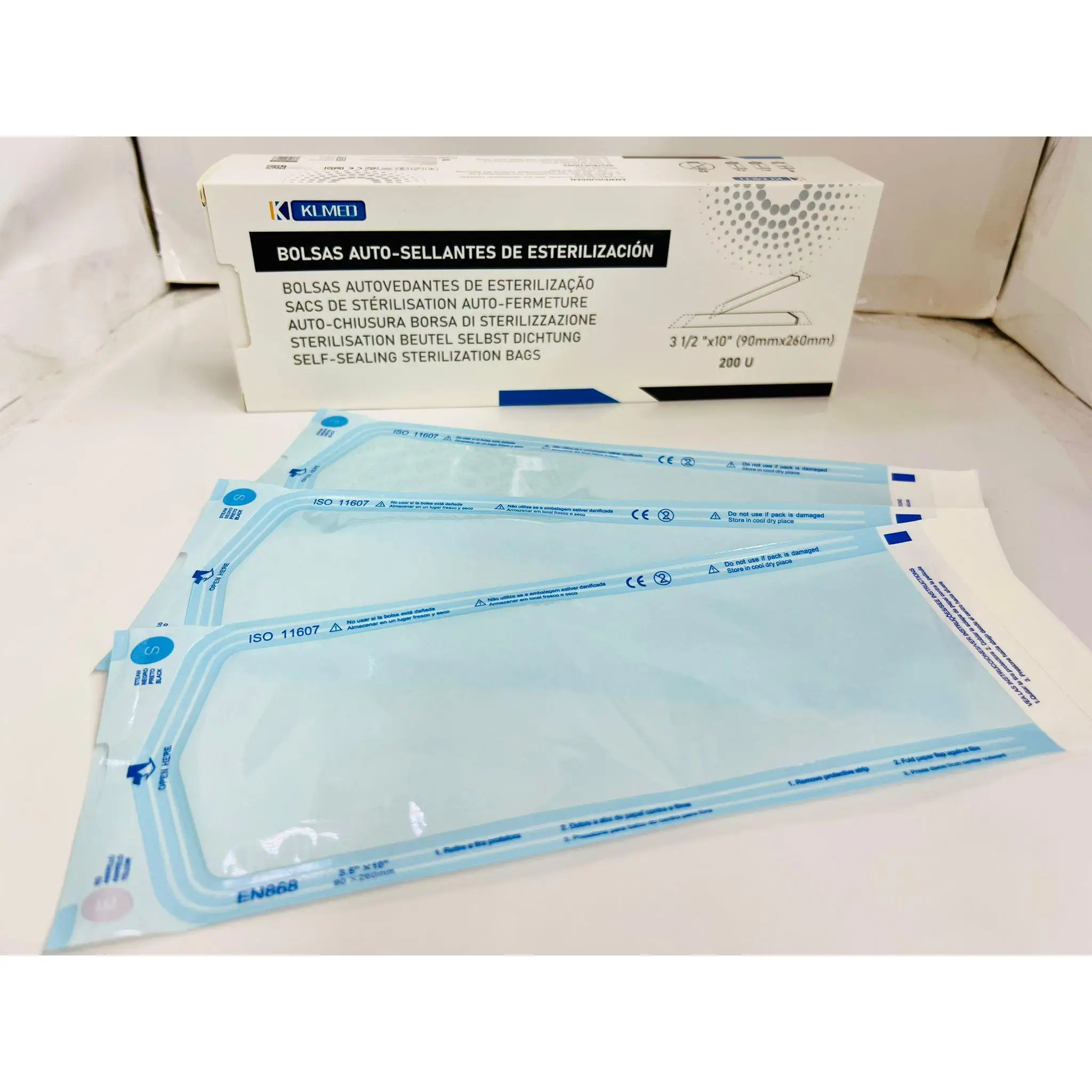 KLMED--Bolasas Auto-Sellantes De Esterilización BOLSAS PARA ESTERILIZAR AUTOSELLANTES 90x260mm Bolsas autoadhesivas para esterilizar (200 uds)