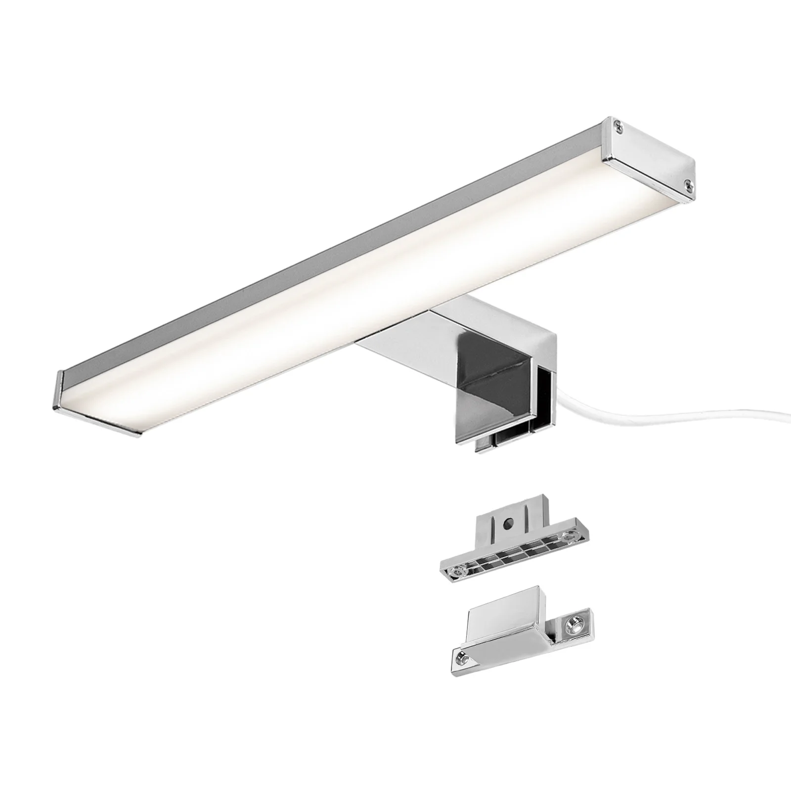 ALPINALUZ LED Wall Lamp 8W 30cm for Bathroom, available in matte black or chrome, features a modern aluminum design, IP44 protection, and neutral white light (4000K) for mirrors and furniture.