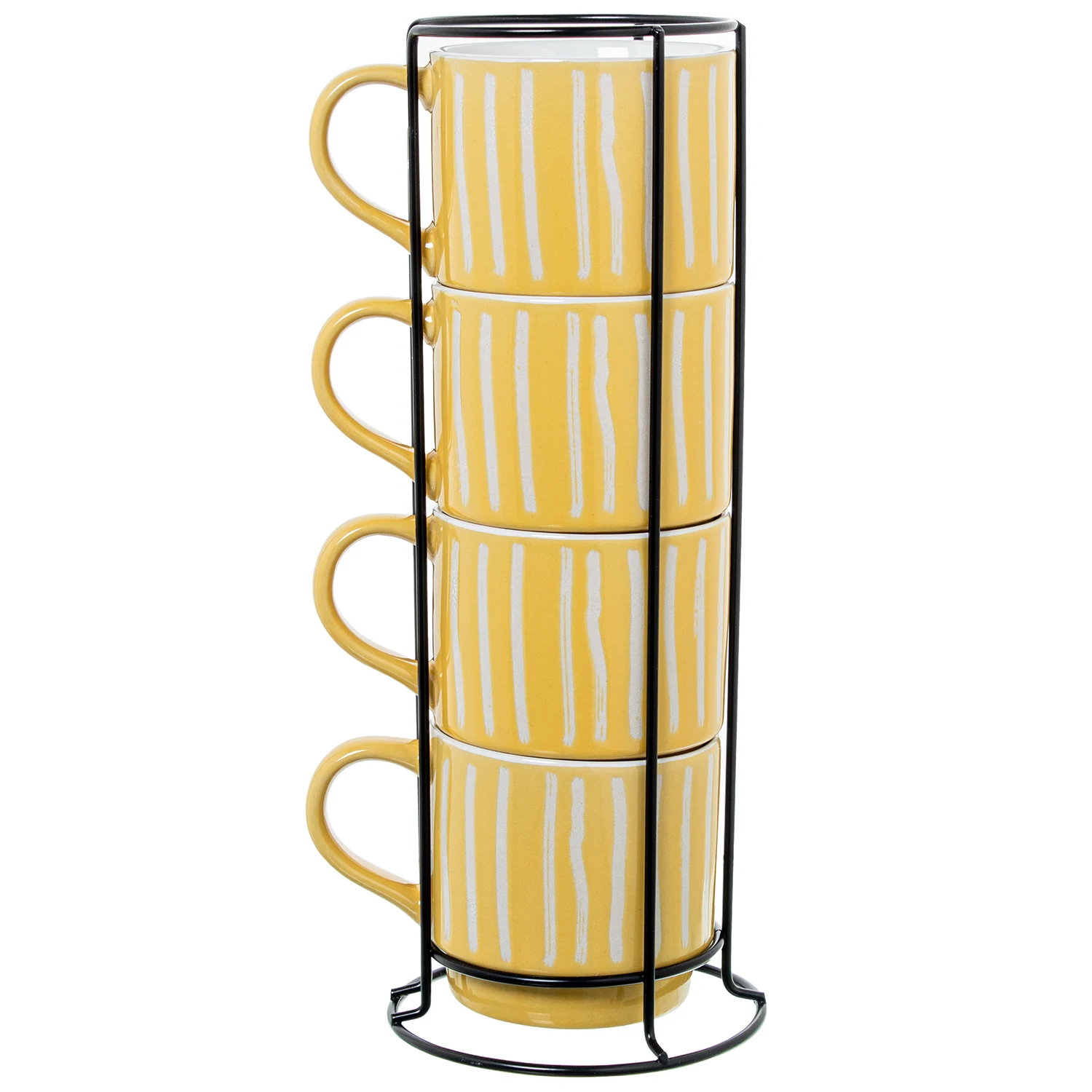 Set 4 mugs ceramica amarillo rayas con soporte metal negro mug: 355ml 9x9cm