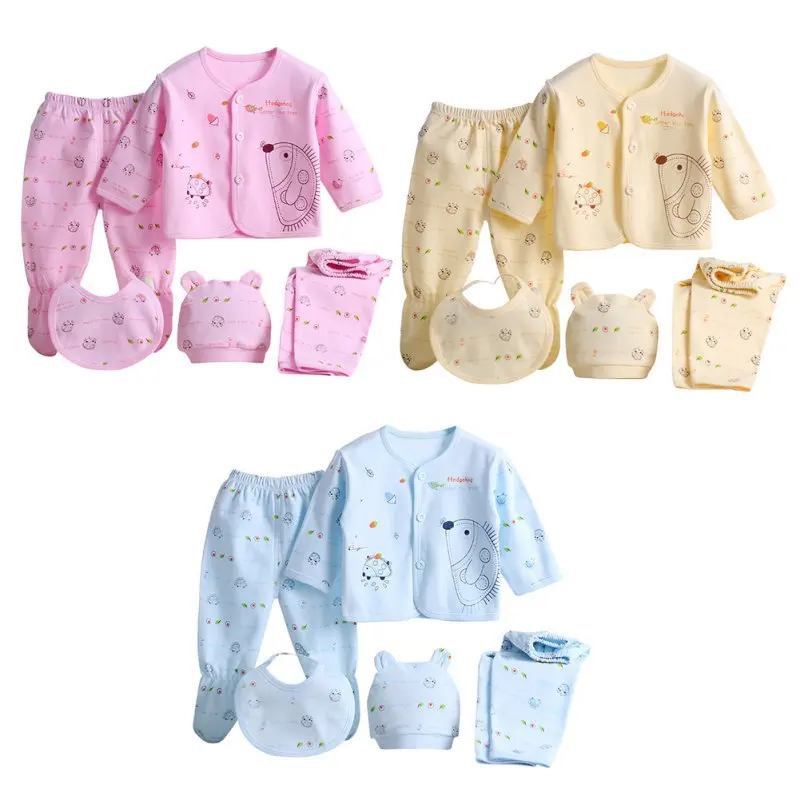 Conjunto De Bebé Recién Nasido 5 Piezas Camiseta 2 Pantalones Gorro Y Bata De Algagón Puro Transpirable Ropa De Bebé Niño Y Niña Estilo Casual Cuatro Estaciones