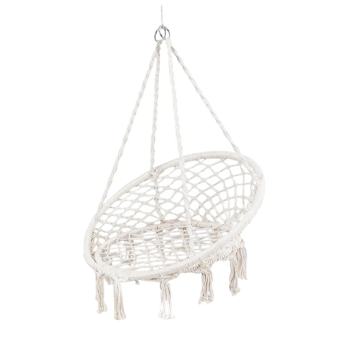 Acomoda Textil – Hamaca Colgante con Flecos de Exterior para Jardín, Terraza y Patio. Sillón Balancín Redondo, Cómodo y Decorativo Blanco, Columpio Moderno y Resistente 60/80x40 cm.