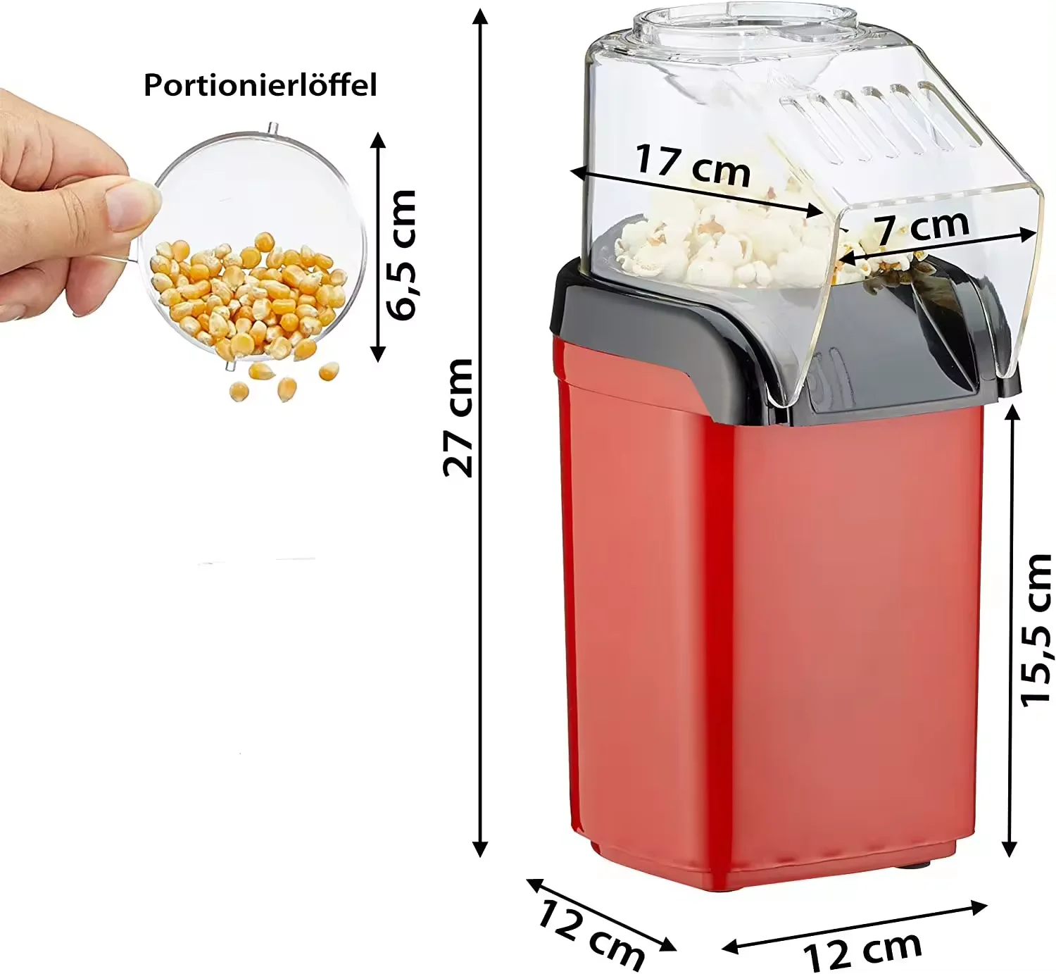 Household Popcorn Making Machine, Powerful Fast Preparation Fat-free with Hot Air, 1200w, Including Tumbler Meter