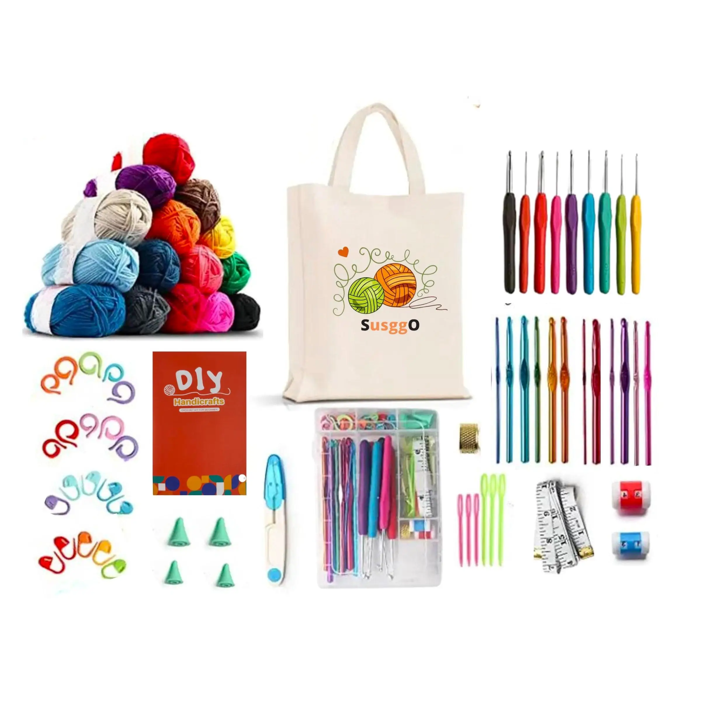 SusggO 73 Piezas Juego de Ganchillo Completo con accesorios para Principiantes, Crochet Amigurumi – Kit con Ovillos Hilos Accesorios y Bolsa Transporte - DIY para iniciacion