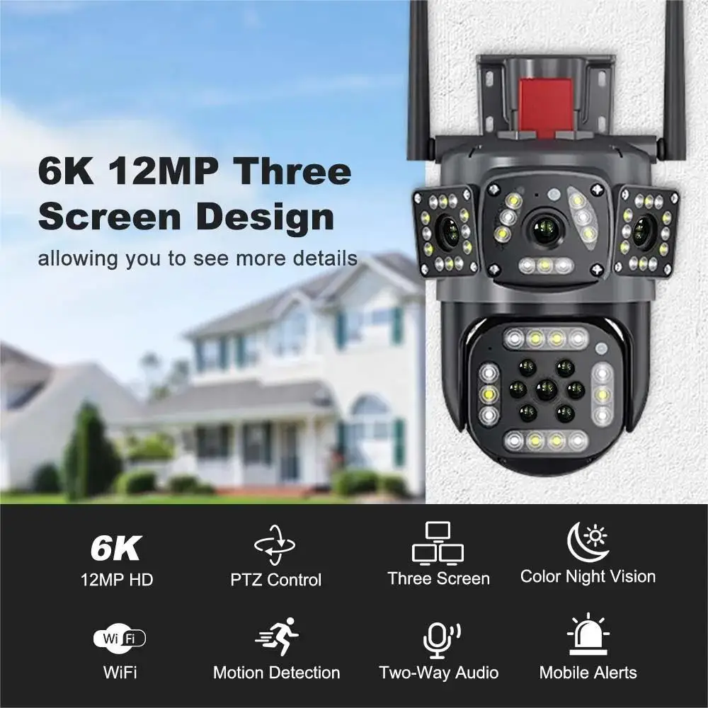 12MP 6K HD WiFi IP Camera Three Screens PTZ Camera Human Detection Auto Tracking Outdoor IP CCTV Security Protection survival Cam