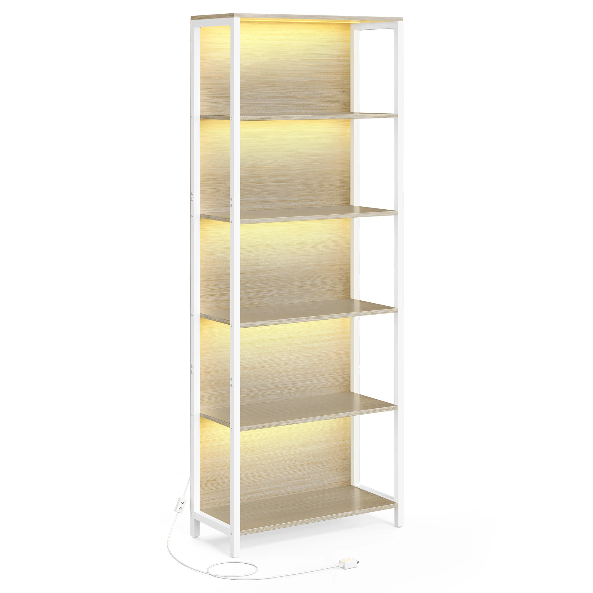 VASAGLE Estantería de 6 Niveles con Luz LED, Librería con Luces Ajustables, Marco de Acero, 30,3 x 60 x 178,6 cm, para Sala de Estar, Dormitorio, Oficina, Beige Natural