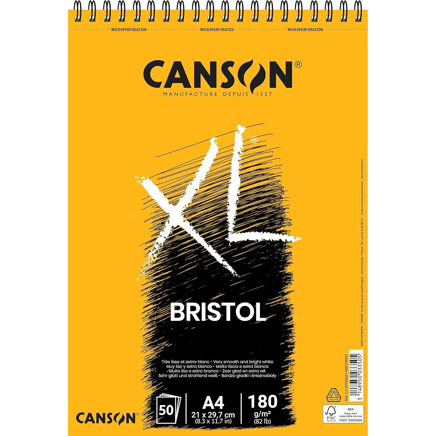 Canson Álbum Espiral 21x29,7 50H XL Bristol Extraliso 180g, Blanco, A4