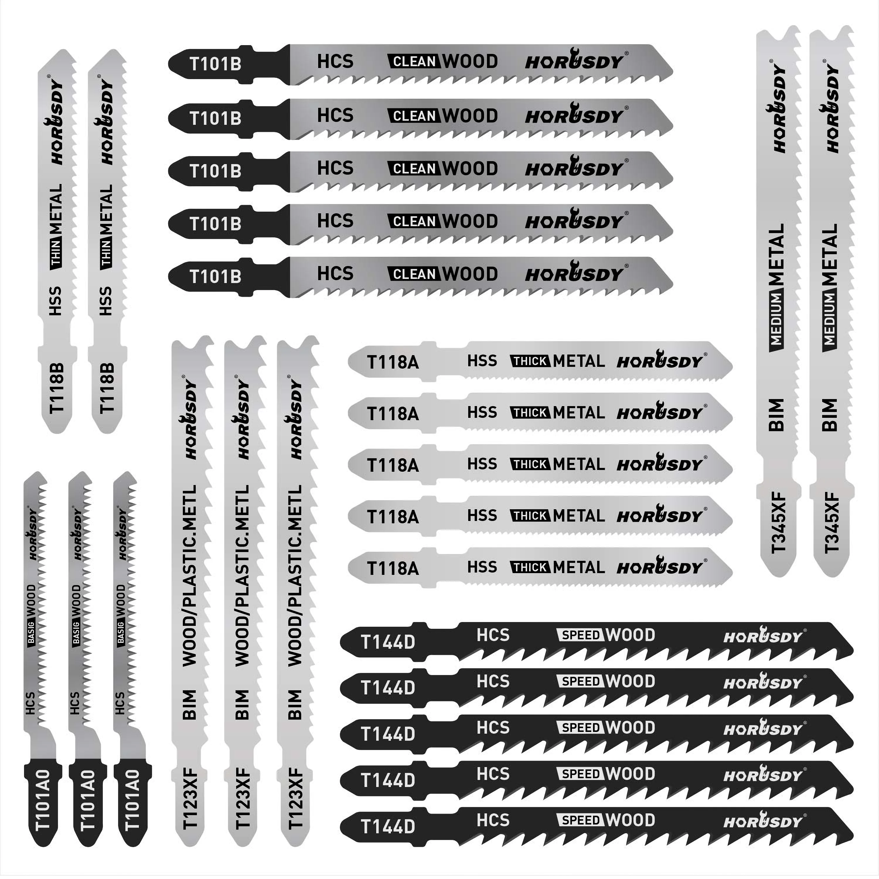 EasySpeed Hojas Sierra de Calar, Estuche 25 Piezas, Vástago T, HCS, HSS, BIM, Acero al Carbono, Madera, Metal, PVC, Plástico, Compatible con Bosch, Black&Decker, Makita, Dexter, Stanley, Worx, Alta