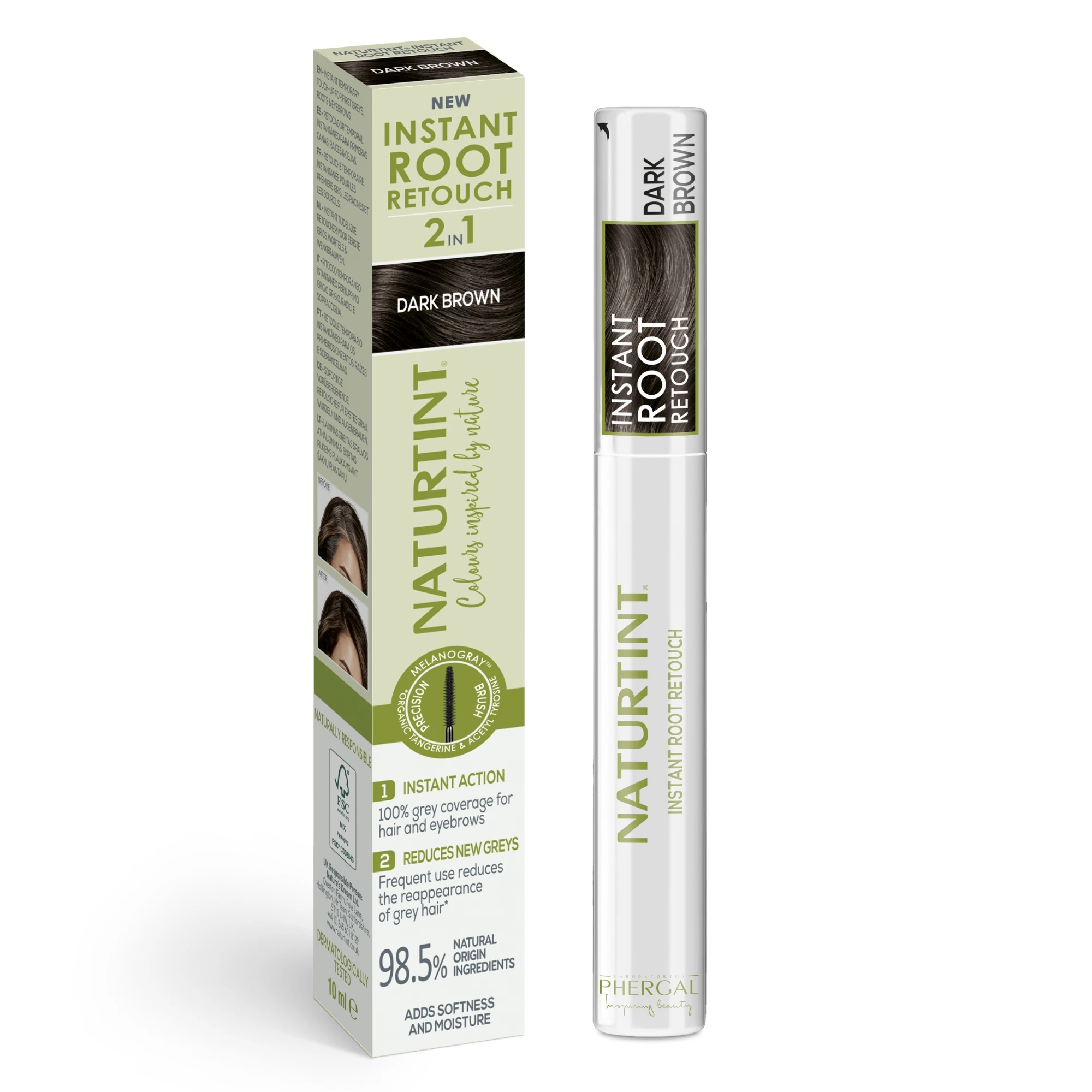 Naturtint Instant Root Retouch | Retocador Temporal de Canas, Raíces y Cejas | 100% Cobertura de las canas | Reduce y previene la aparición de canas | Aplicación rápida en solo 5 minutos | 98,5%