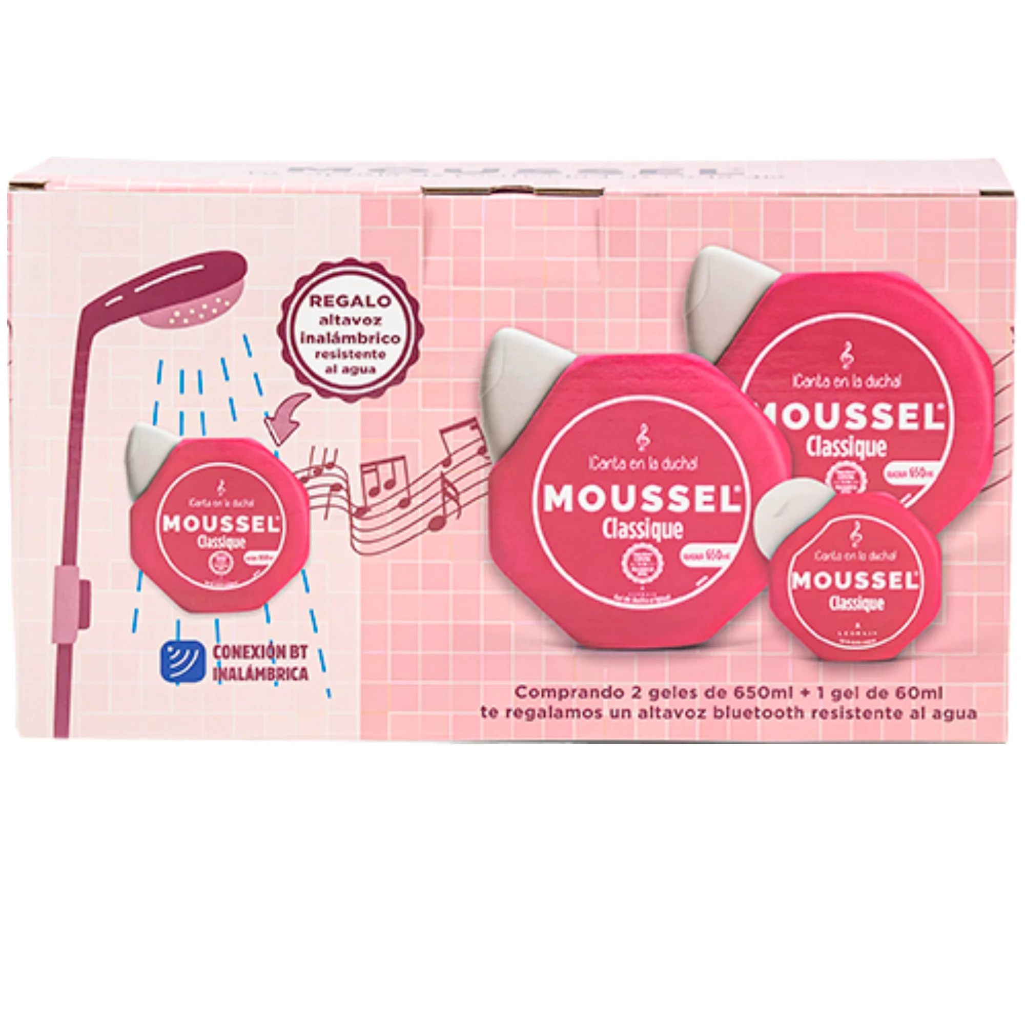 Moussel Gel de Baño - Pack + Altavoz Inálambrico: 2 Gel de Baño Moussel 650 ml + 1 Gel Mini + Altavoz Inálambrico Bluetooth GRATIS