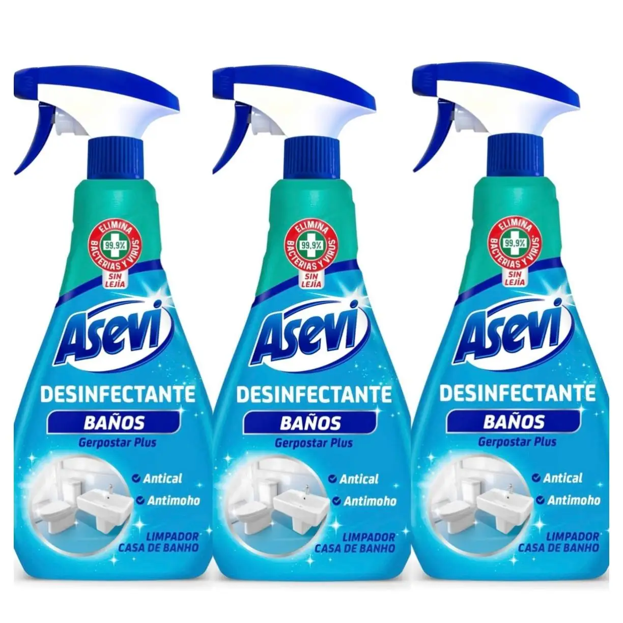 ASEVI- Pack 3 Desinfectante Baños Asevi Limpiador desinfectante antical para baños Elimina gérmenes y bacterias, 720 ml